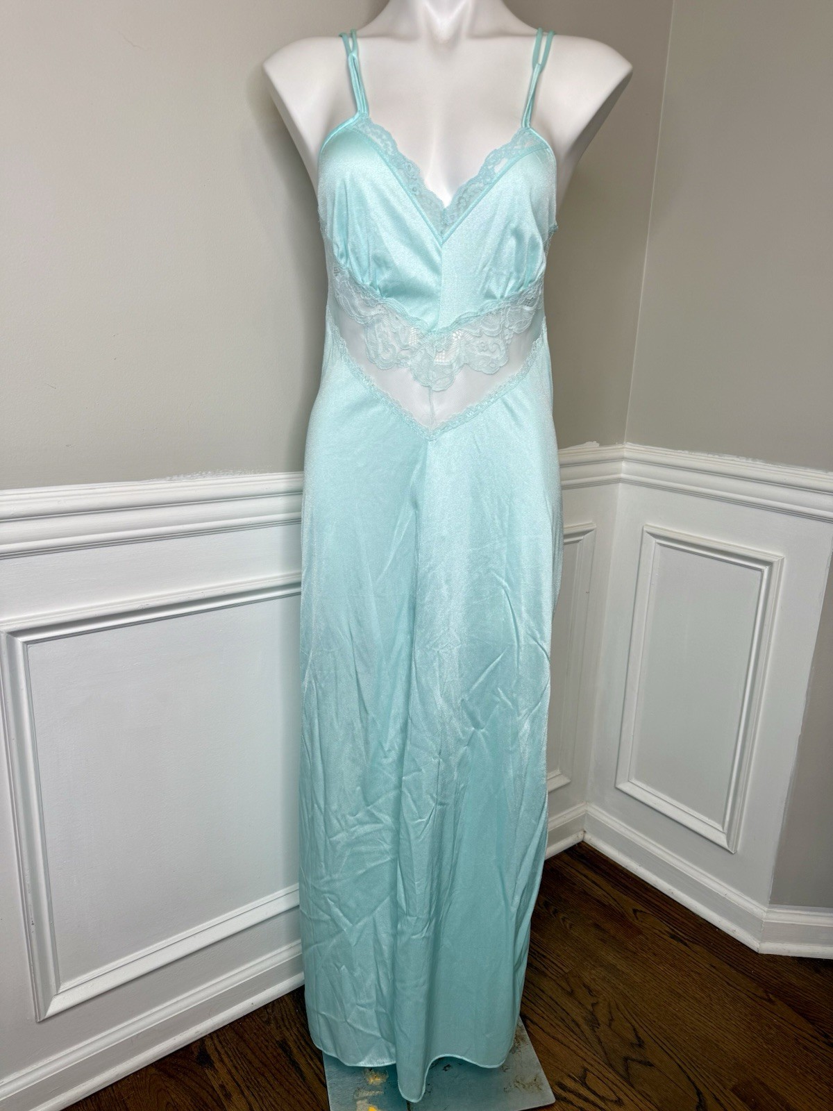 Vintage Nightgown JC Penny Light Blue Turquoise Lace Long Straps Dress Sz M F