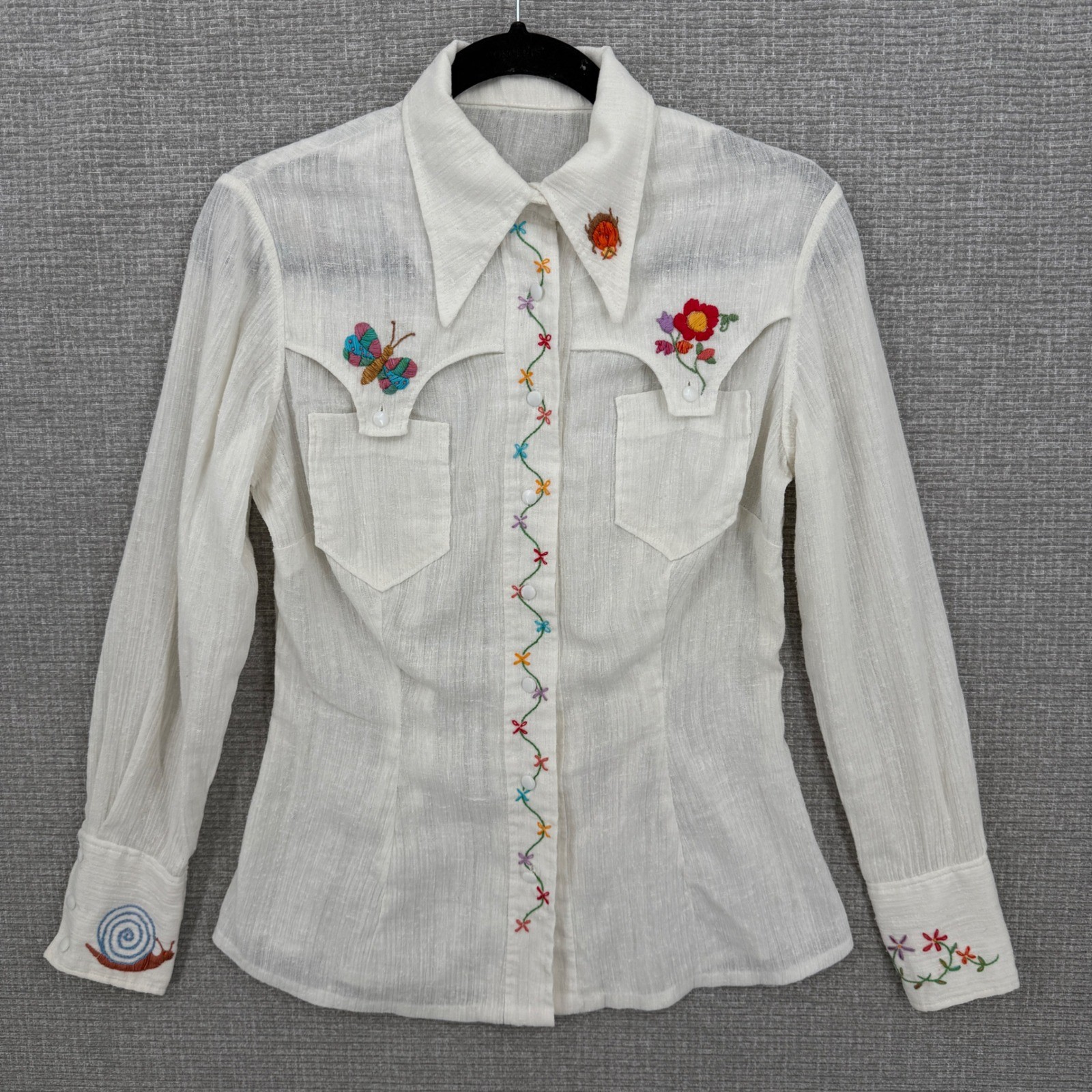 Vintage 70’s Hand Embroidered Western Button Up Shirt Women M White Cottage Boho