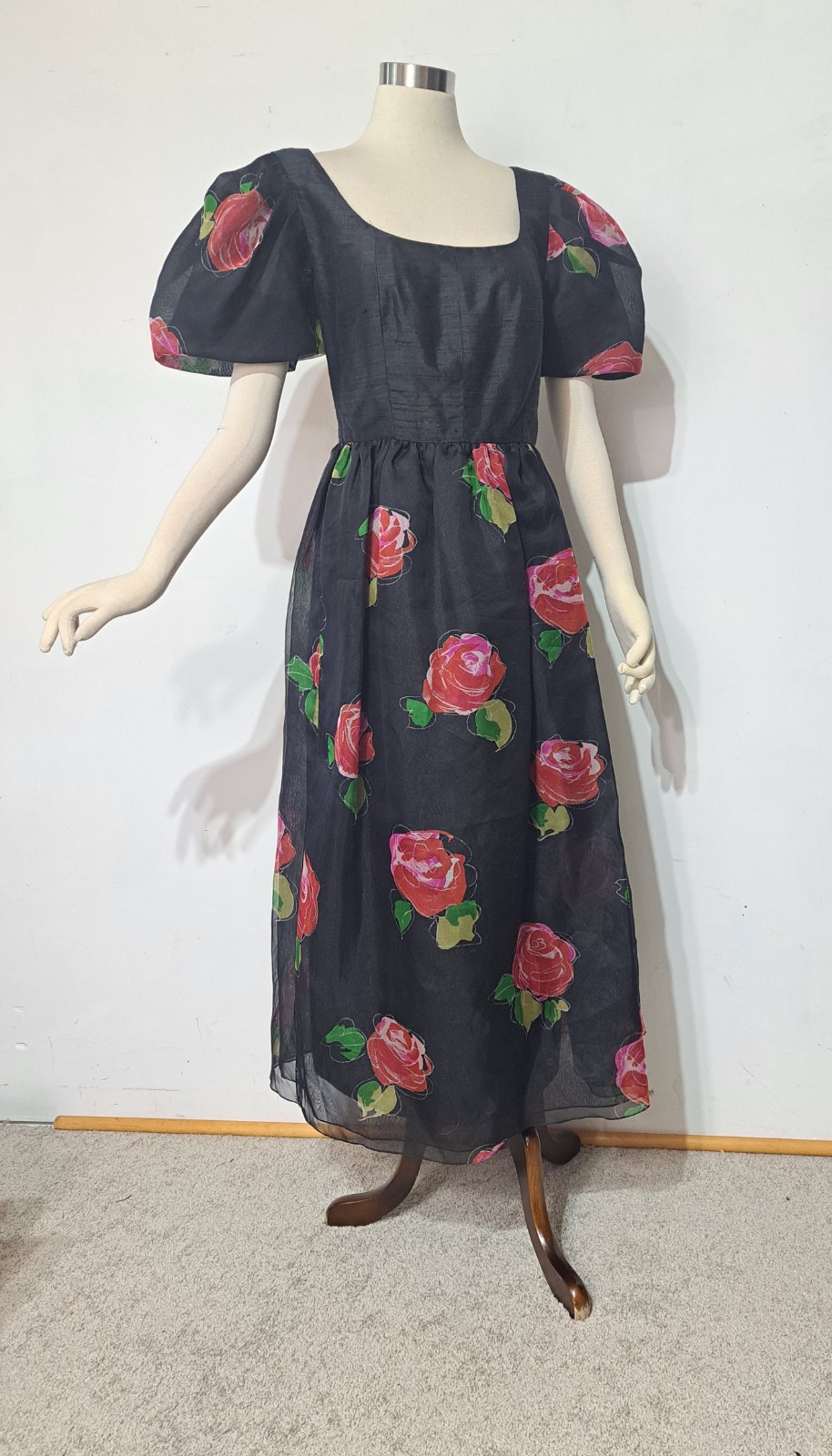 Vintage 1980s Hanae Mori Silk Dress Sz 14 L/XL Floral Roses Cocktail