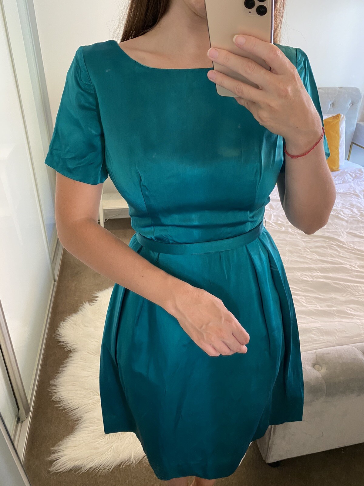 50s 60s VTG Dress Teal AU Sz 8 Satin Short Sleeve Boat Neck Formal Prom A Line