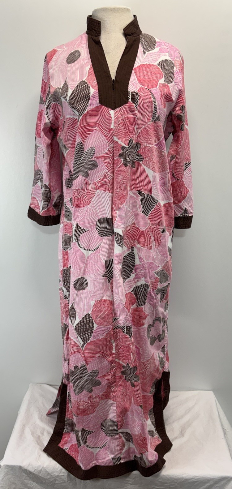 Vtg I.Magnin Cotton Kaftan Maxi Dress Women’s S Abstract Floral 80s Half Zip
