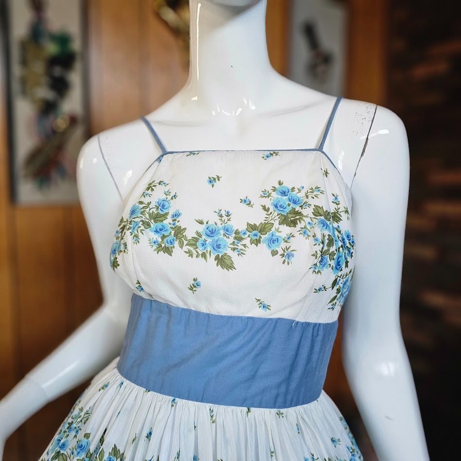 Vintage 50s Aqua Olive Cabbage Rose Voile Sheer Circle Skirt Party Prom Dress S