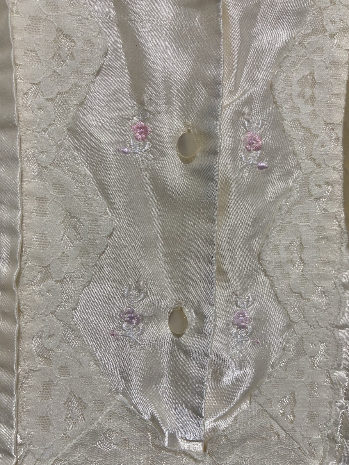 VTG Barbizon M Nightgown Ivory Long Silky Satin Lace Flannel Lined Embroidered