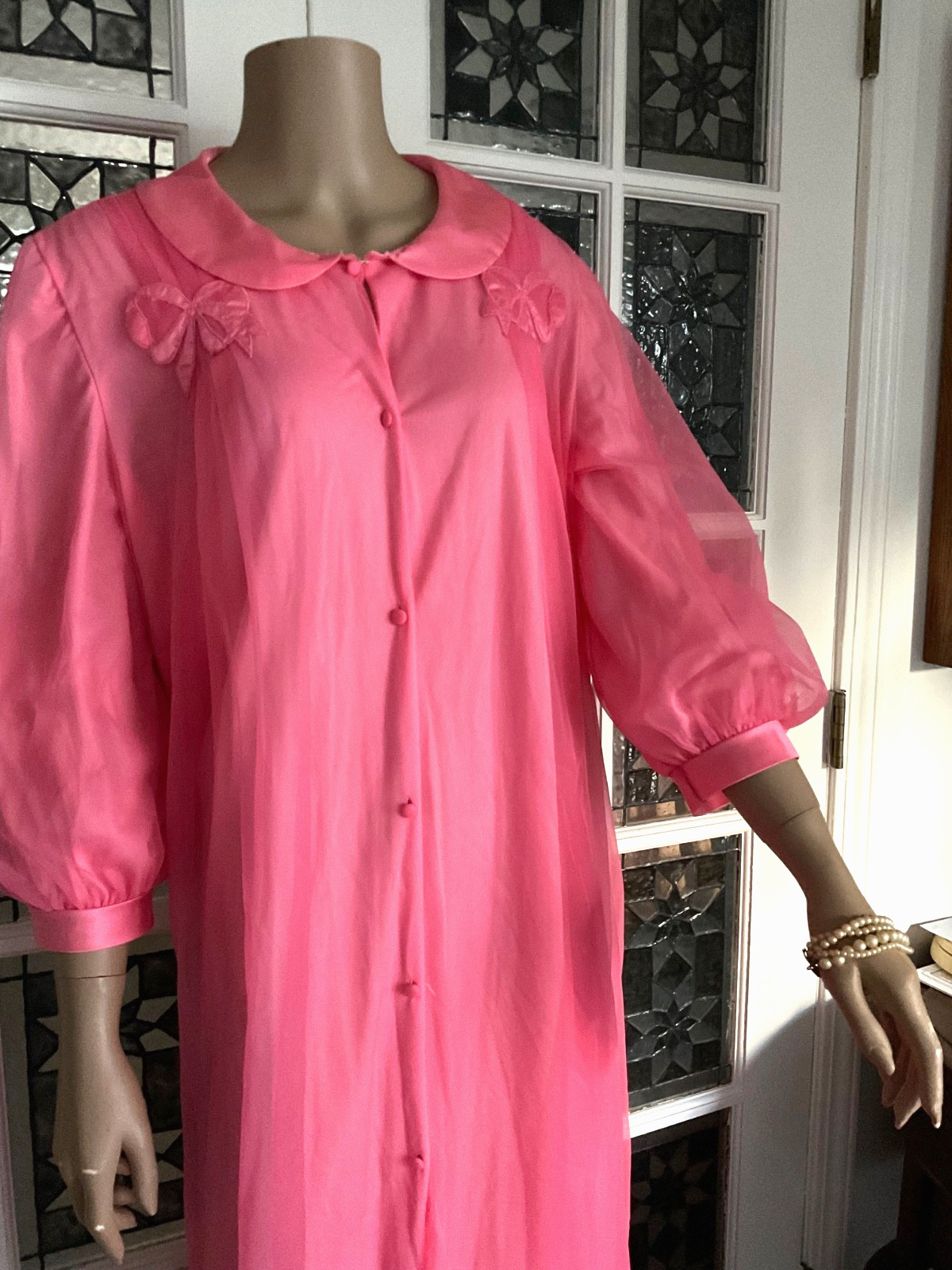 Vintage Robe Dressing Gown Double Layer Sheer Pink Nylon Chiffon Peignoir Robe M