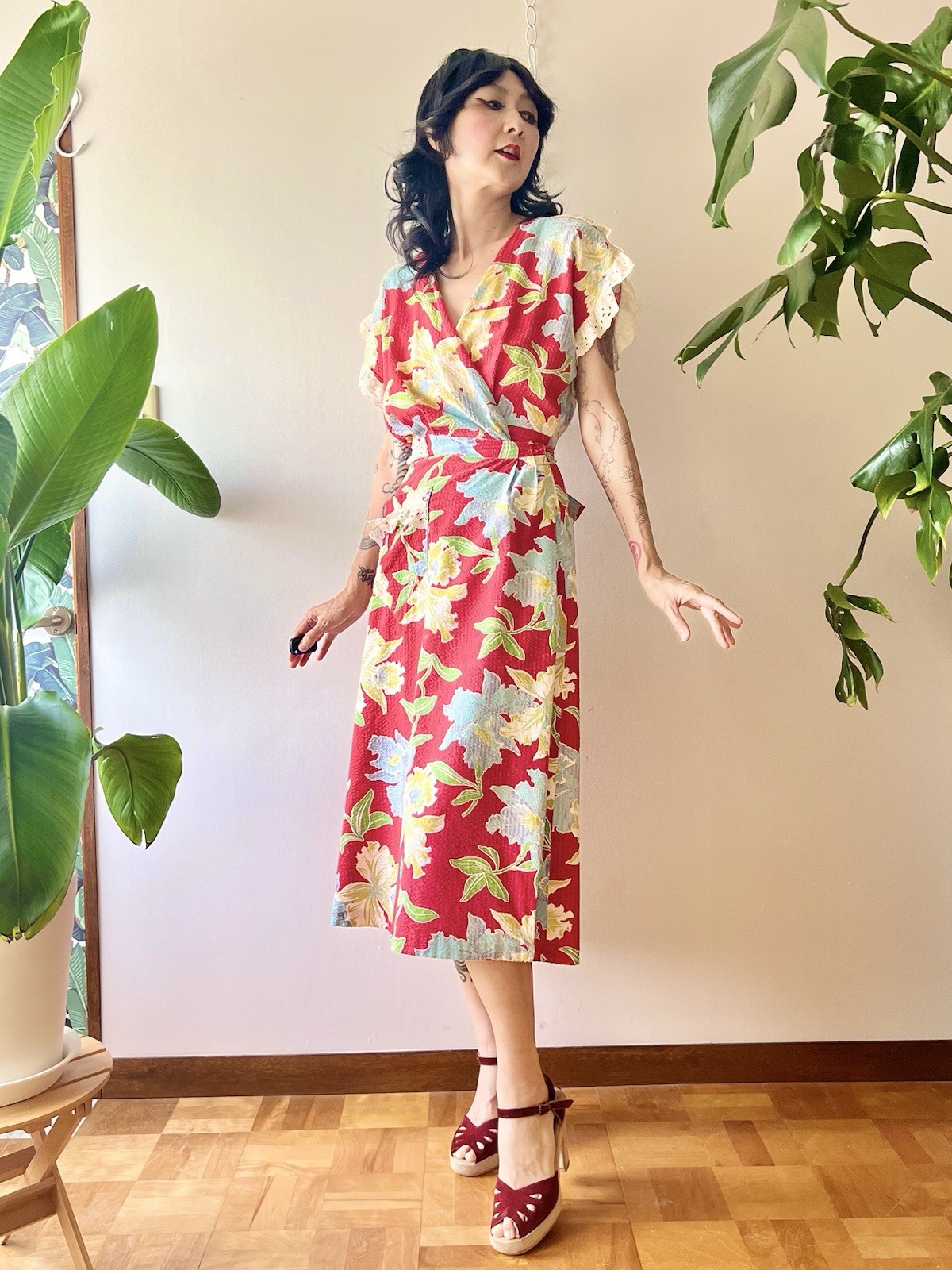40s Jacqueline Shaw Floral Seersucker Wrap Dress Lace Summer Midi Adjustable