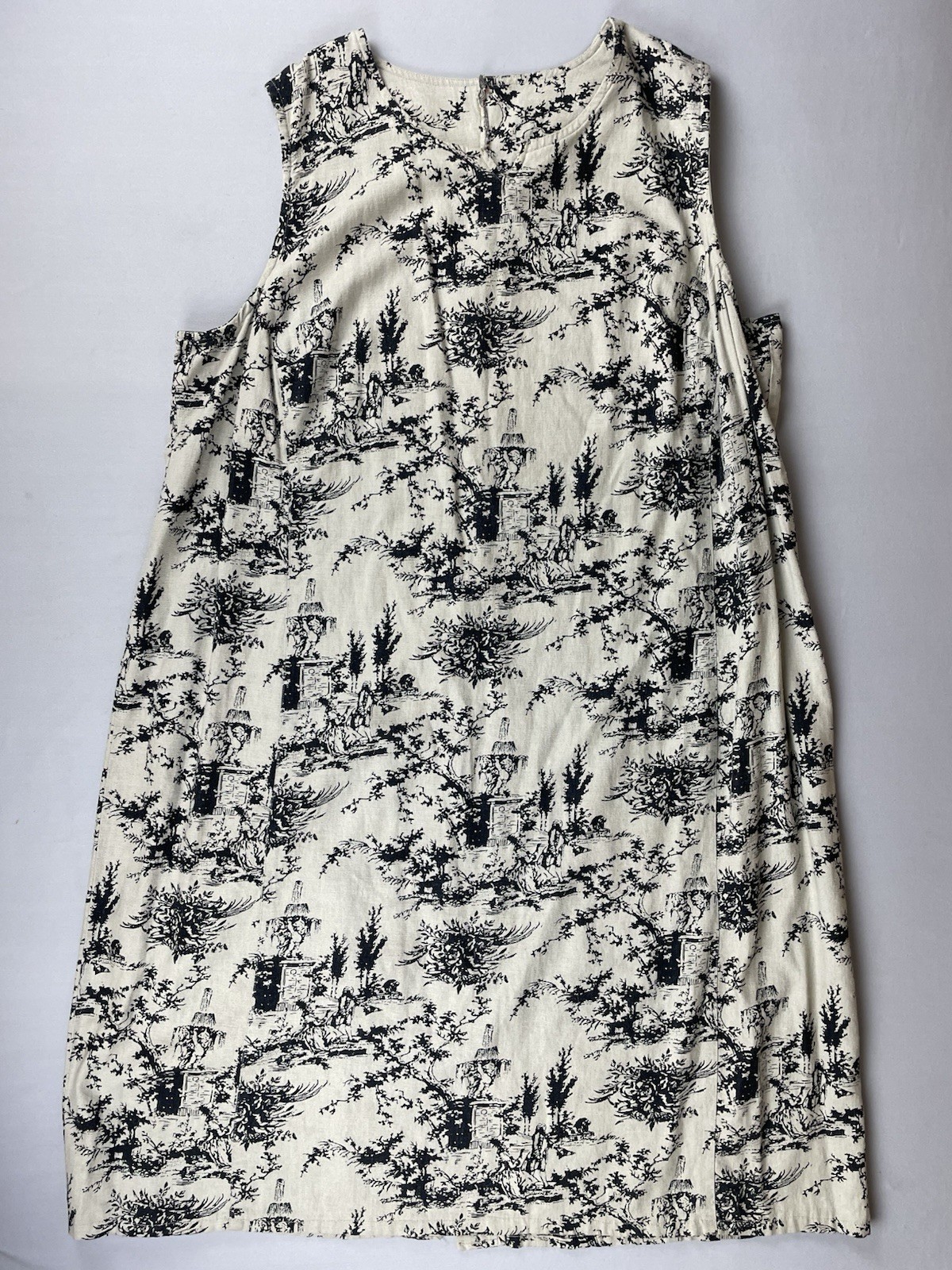 Vintage David Meister Linen Blend Sheath Midi Dress XL Black Cream Toile Print