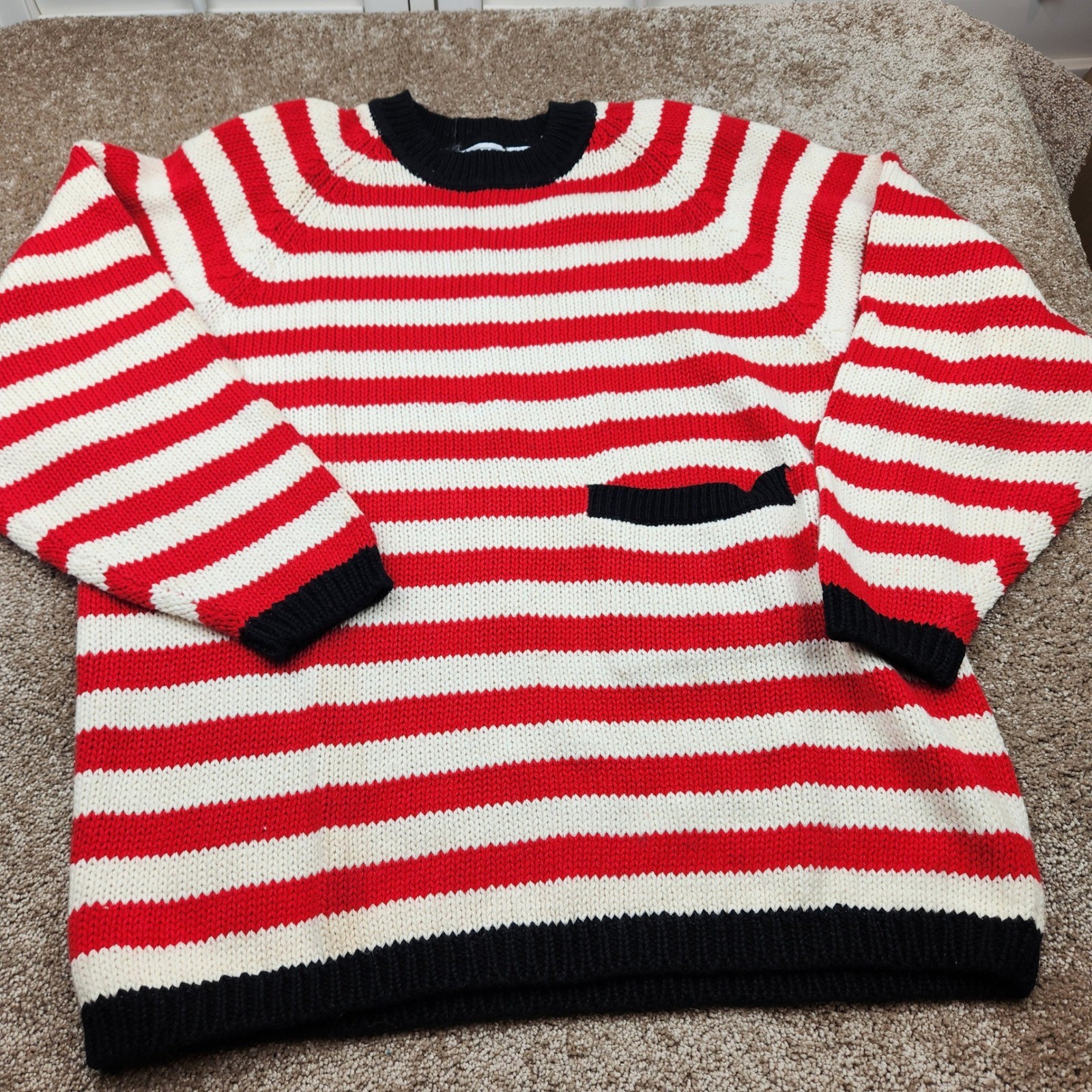 Casual Corner Vtg Red White Striped Ramie Cotton Chunky Knit Sweater Medium