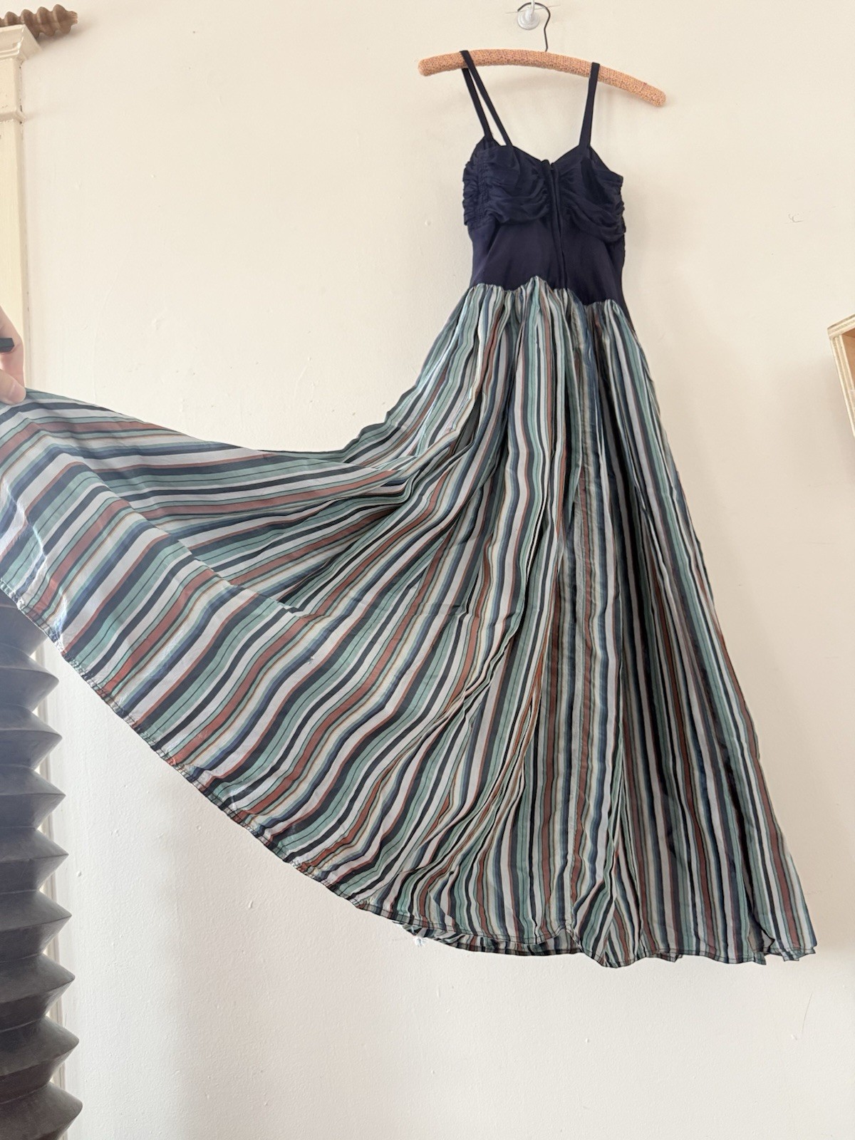 Vintage 40s Rayon Maxi Dress Ruched Bodice Colorful Striped Full Sweep Skirt XXS