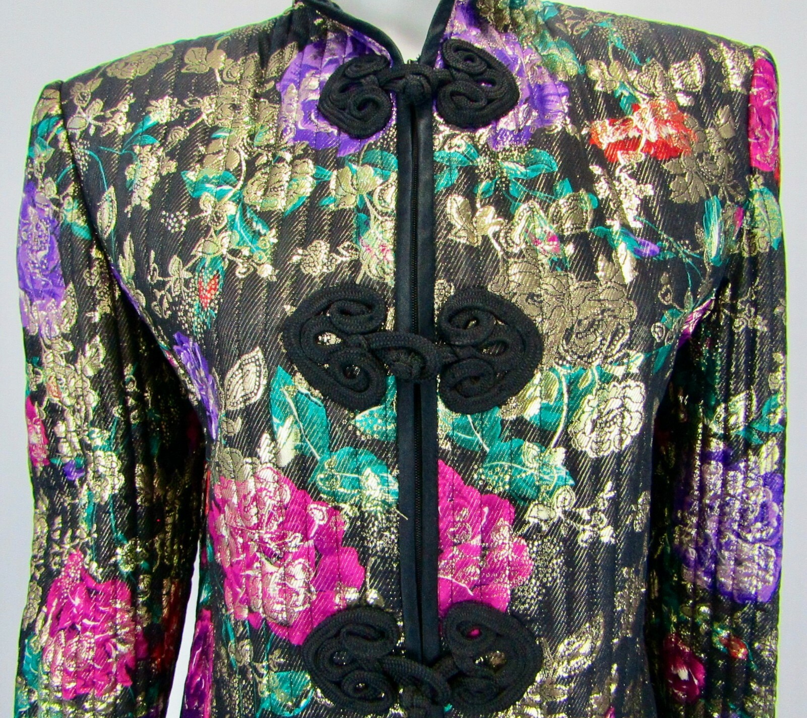 VALENTINO NIGHT Black Floral Multi-color Silk Jacket 8 1980’s VINTAGE