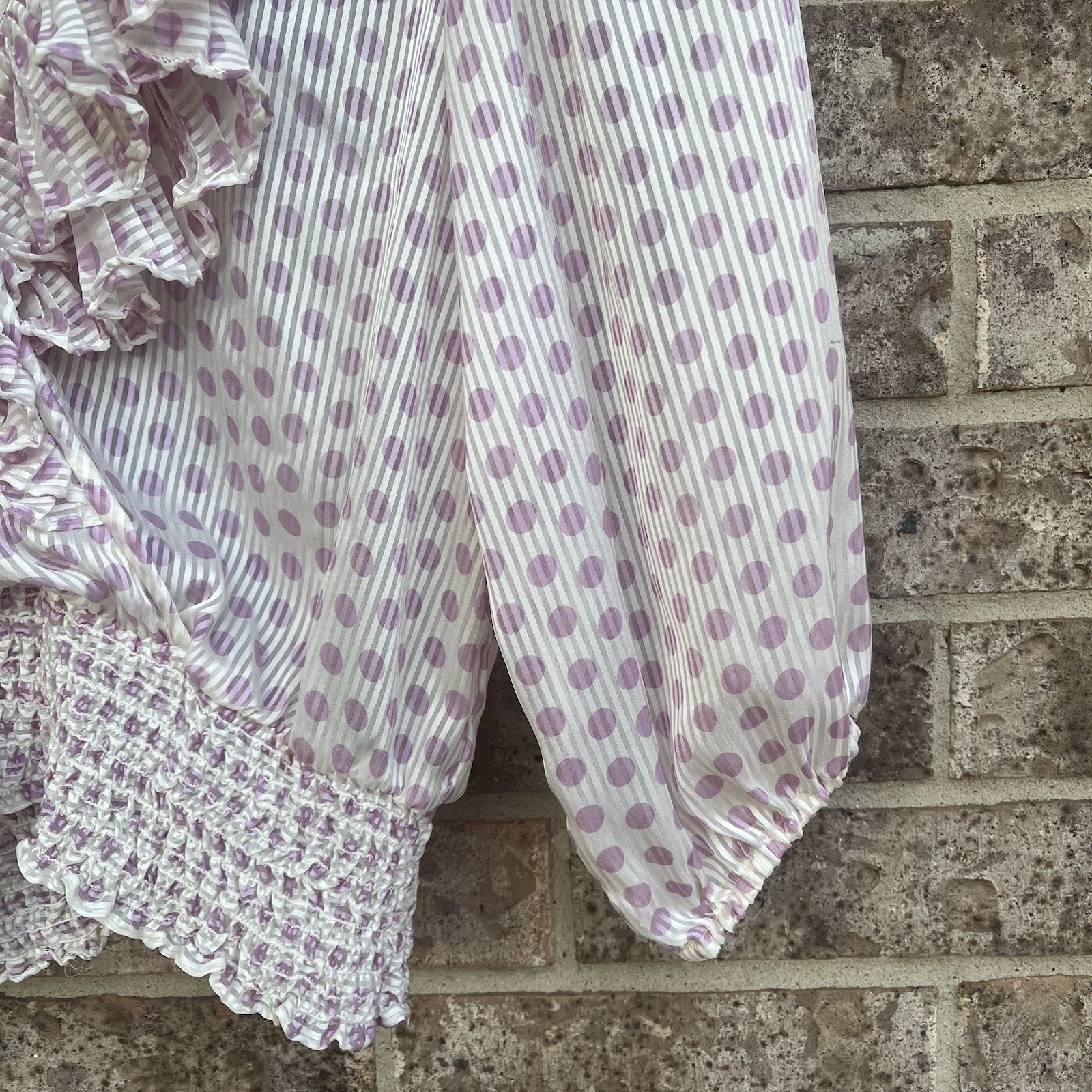 Susan Freis Vintage 80s Sheer Ruffled Boho Blouson Top Pink Polka Dot Small USA