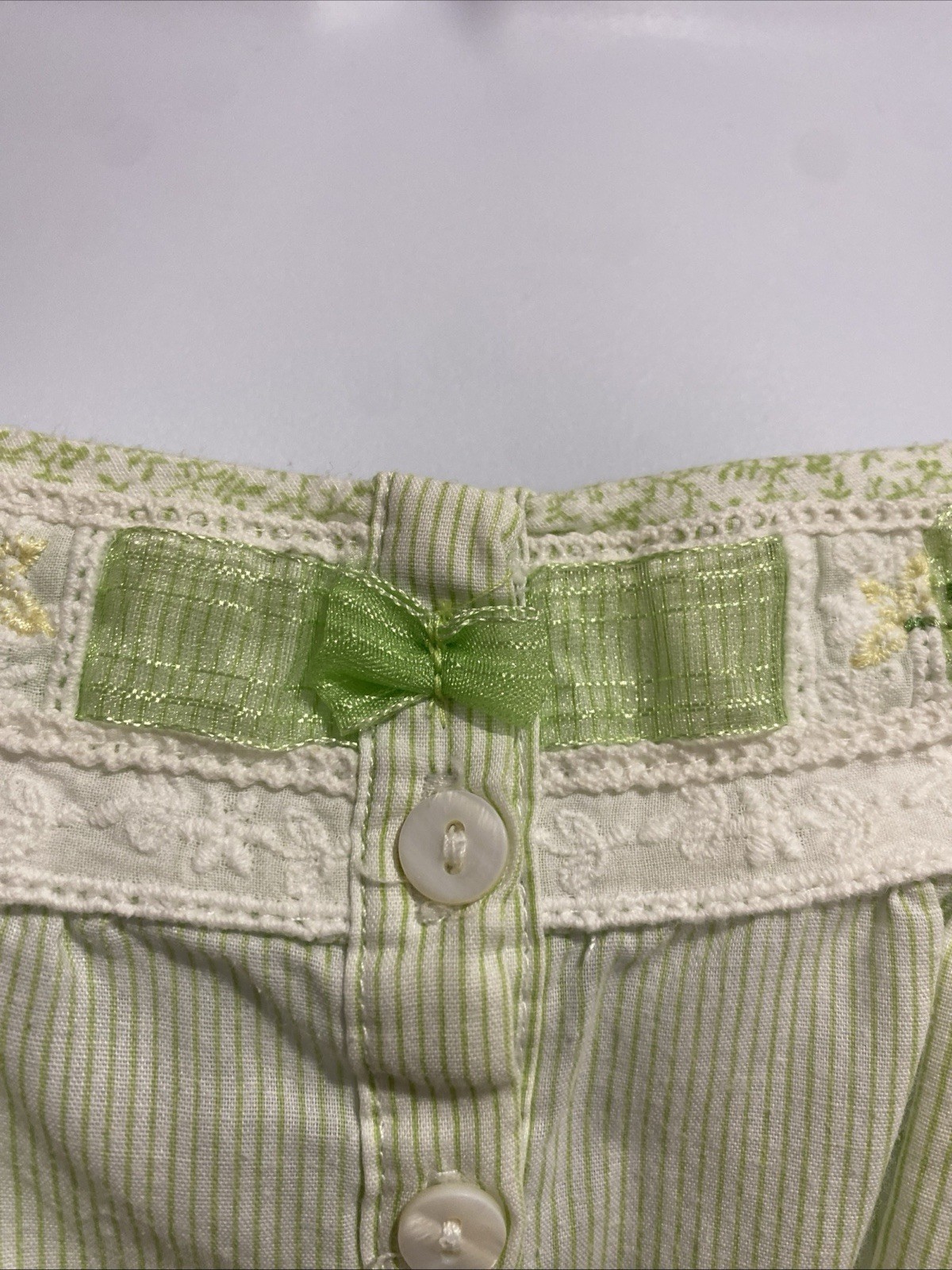 VTG Aria Nightgown Stripped Pale green lace and cherry Embroidery Trim Small