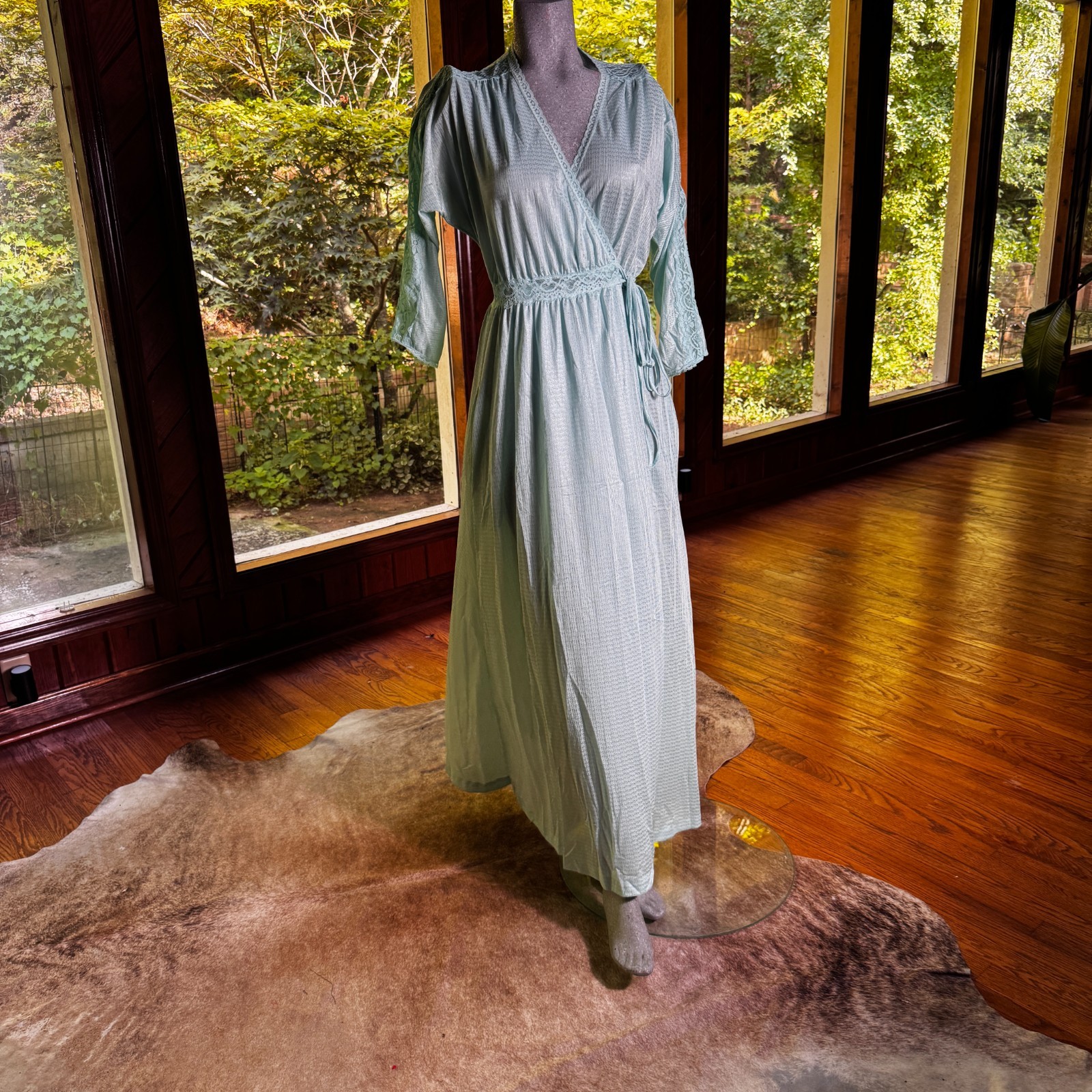 Vintage 70s 80s Miss Elaine Turquoise Nylon Maxi Robe Lace Trim Size Medium Boho