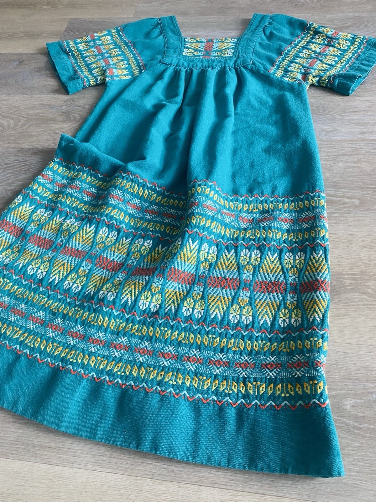 VTG 70s Paulina’s Embroidered Mexican Peasant Dress Teal Woven Cotton Boho M
