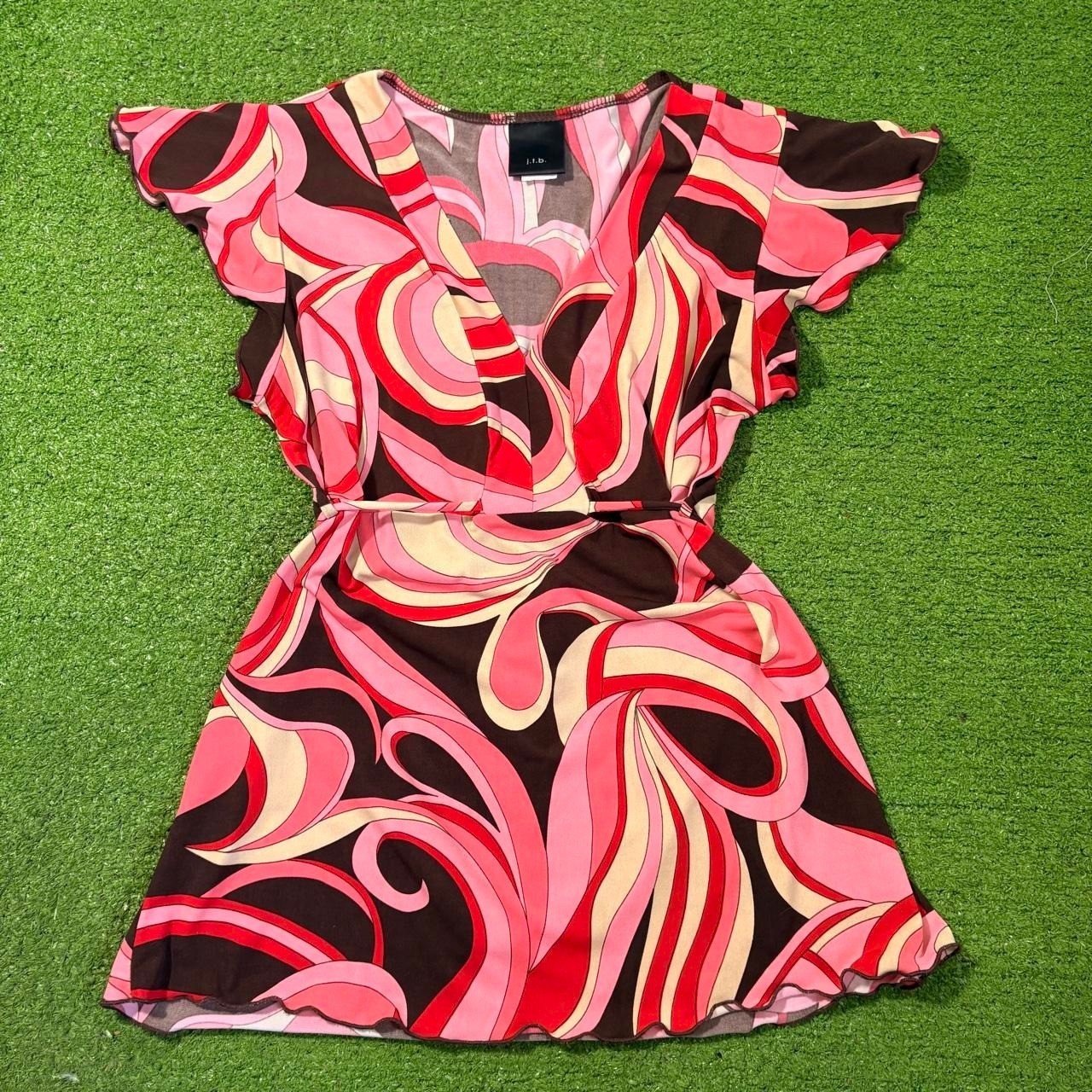 Vintage Y2K J.T.B. Retro Groovy Swirls Babydoll Flowy Tie Back Ruffle Size LG