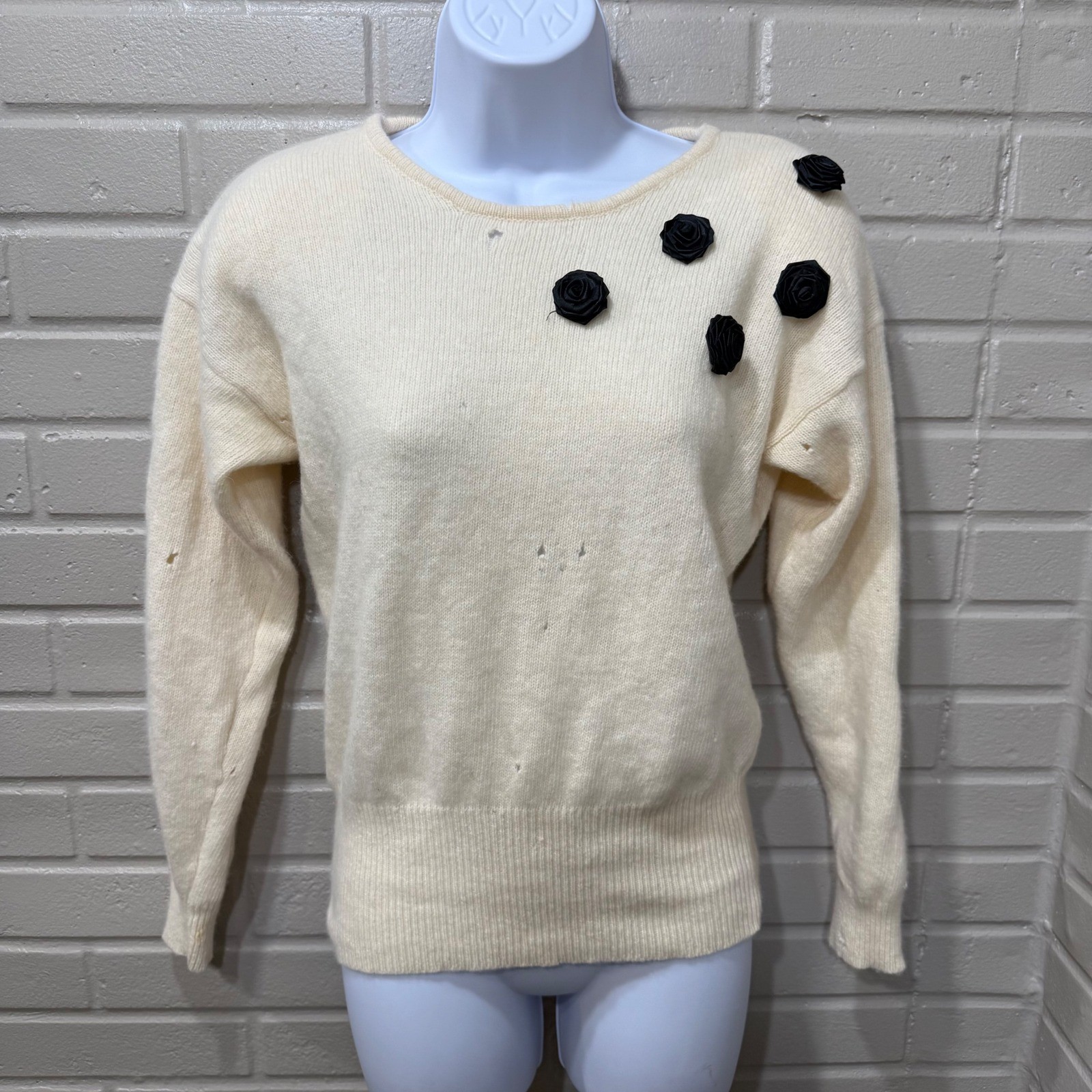 Vintage Angora Lambswool Satin Rosette Sweater Cream Distressed Medium Holes