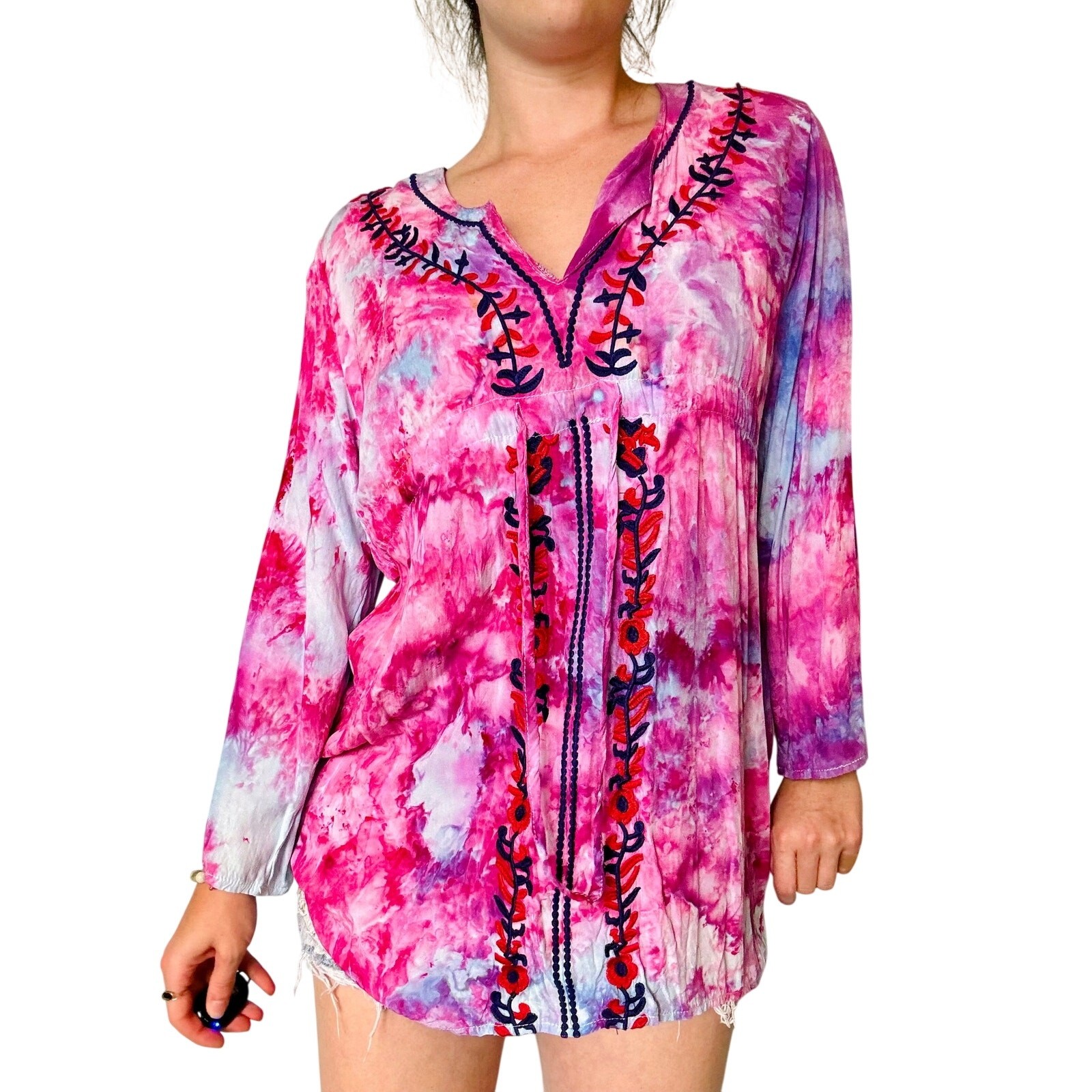 Ice Dyed Pink and Purple Vintage Blouse with Embroidery Boho Tunic Cover Up