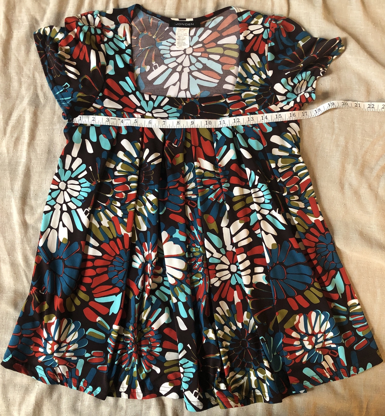 Vtg Jonden Groovy Hippie Brown Floral Pleated Babydoll Tunic Flowers Square Neck