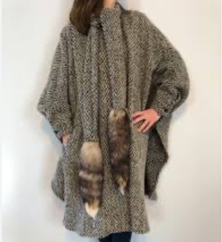 Vintage 80s Coat OS Grey Black White Wool Swing Trapeze Fox Fur Tail Trim CAPRI