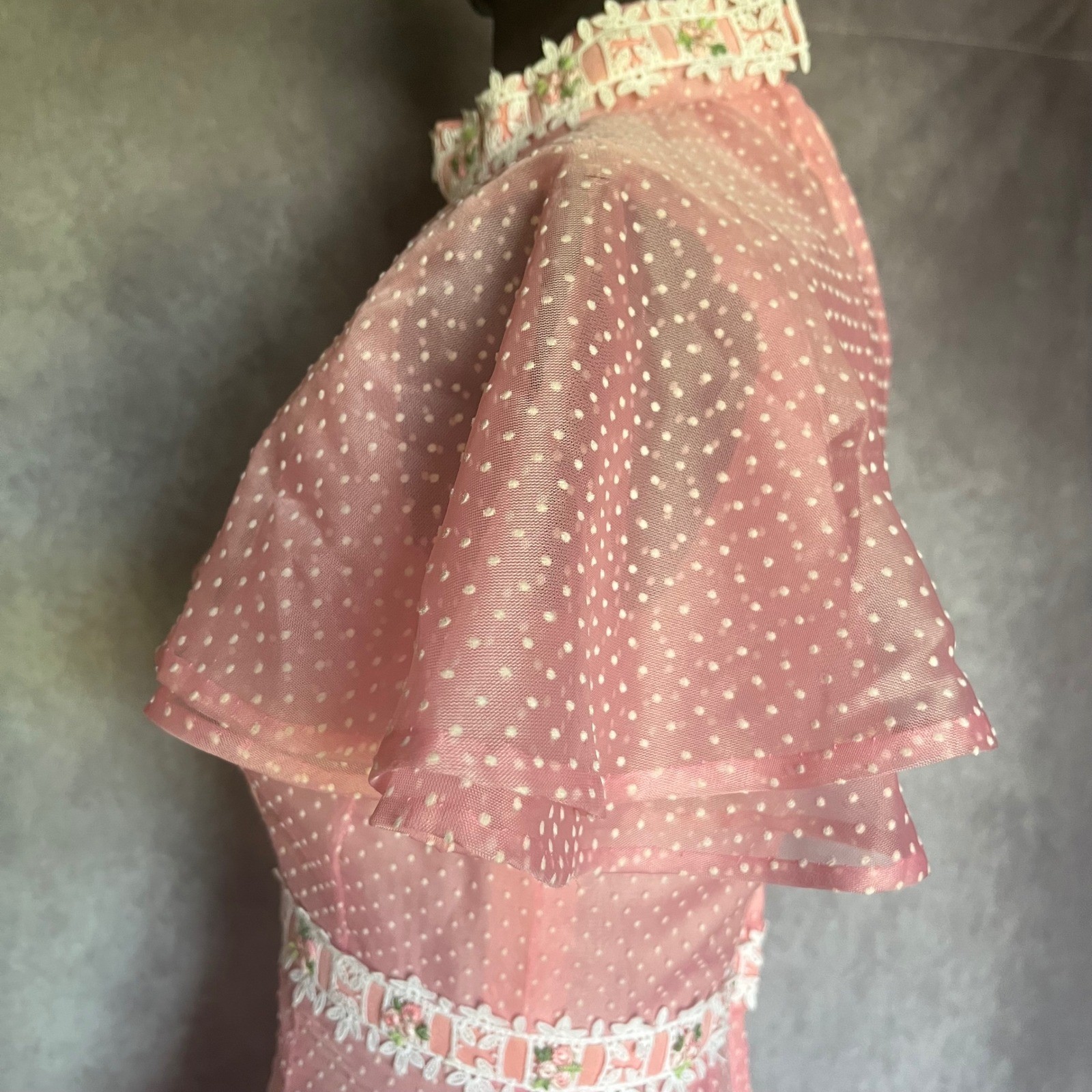 Vtg 50s 60s Pink Maxi Dress S Dotted Swiss Overlay Floral Lace Caped Gown MCM