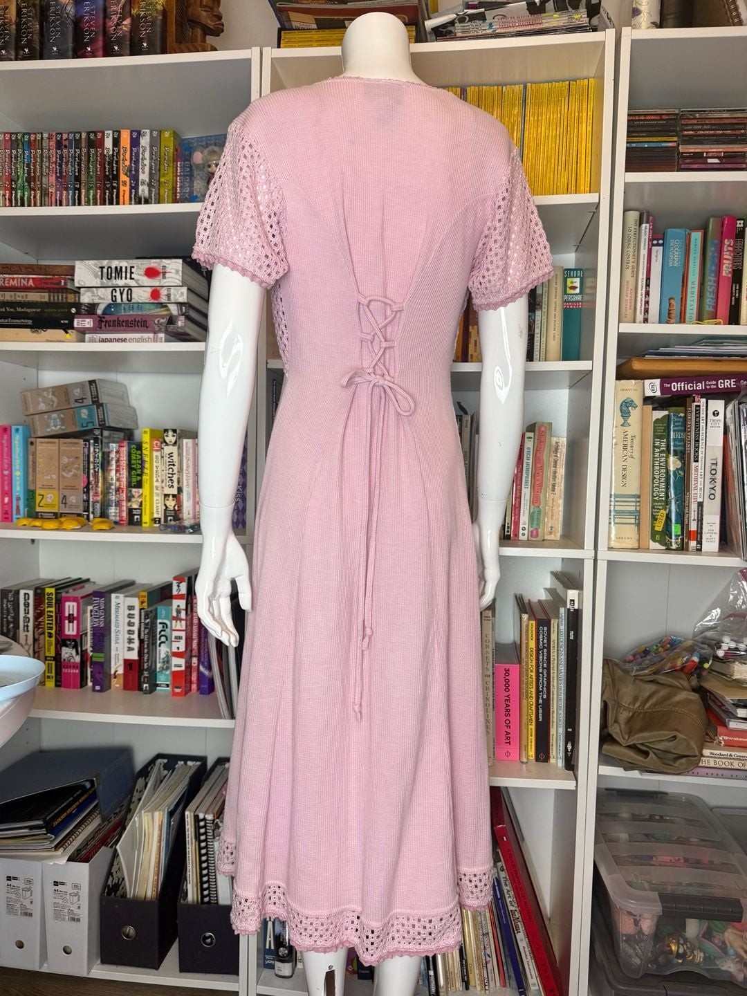 Vintage 70s 80s 90s Pink Rosette Crochet Knit Corset Dress