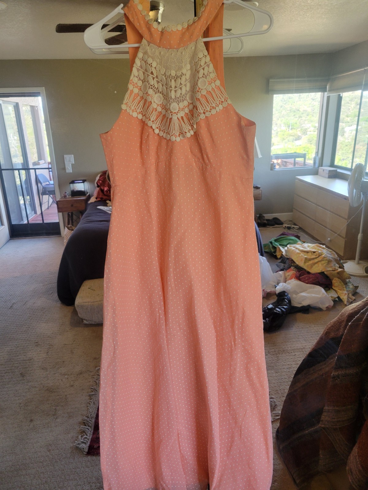 1960s 1970s PEACH AND WHITE POLKA DOT MAXI DRESS Size SMALL