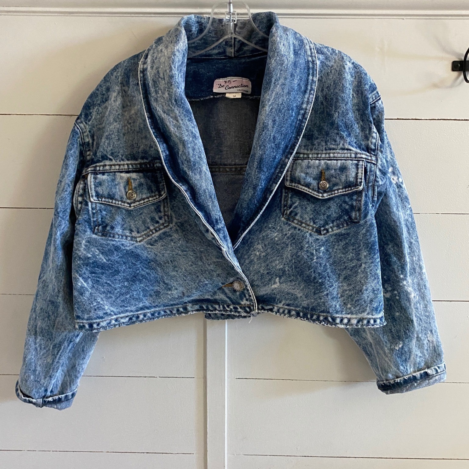 Vintage De Connection Acid Wash Cropped Denim Jacket Blue Womens Medium Made USA