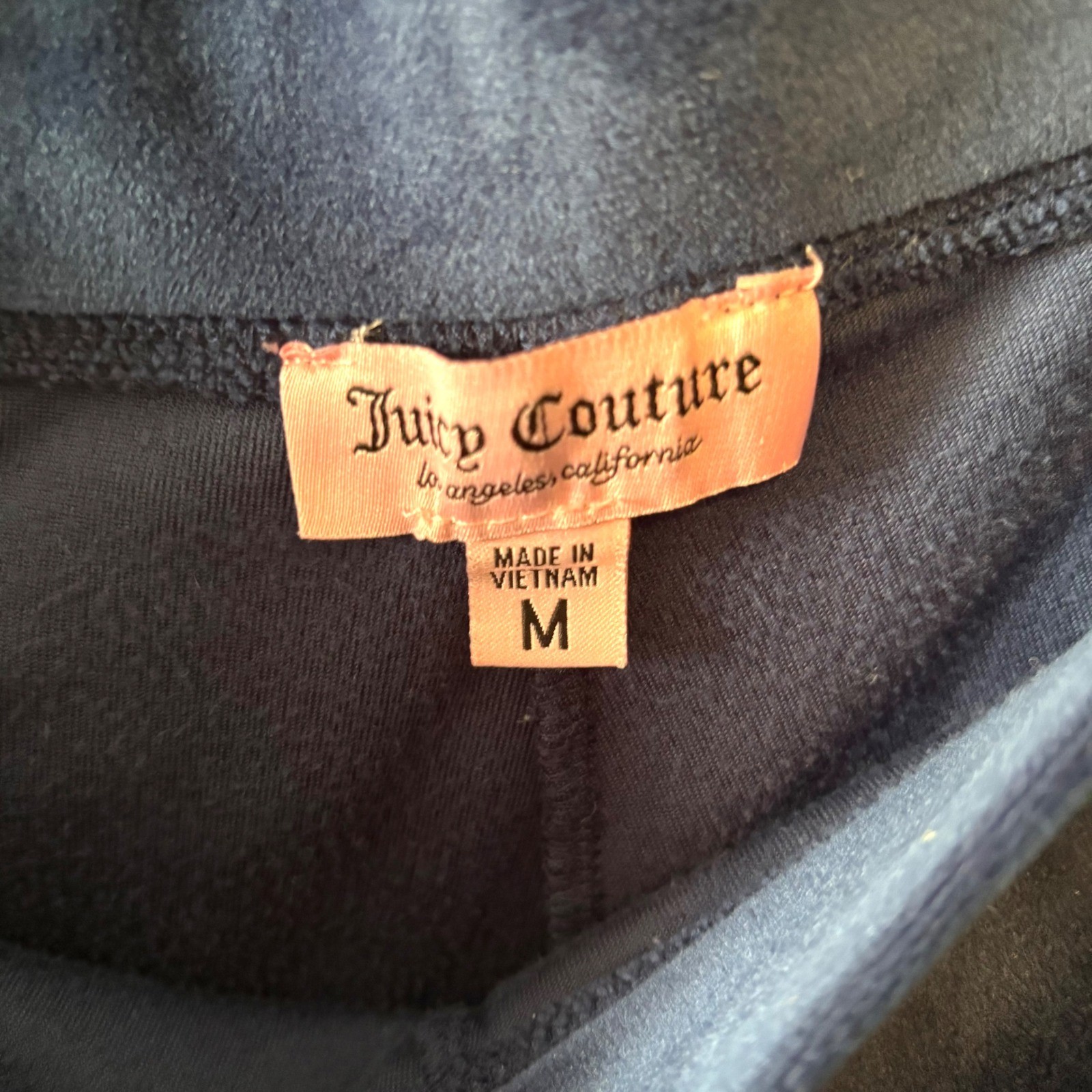 Juicy Couture Navy Blue Velour Track Pants with Rhinestone Spell Out in Size M
