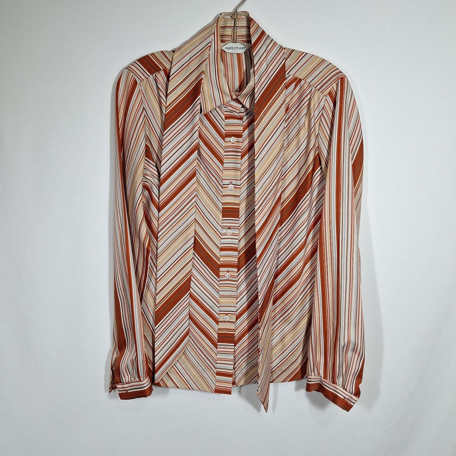 Vintage 1970s Alice Stuart Chevron Stripe Tie Neck Blouse Rust Brown Long Sleeve