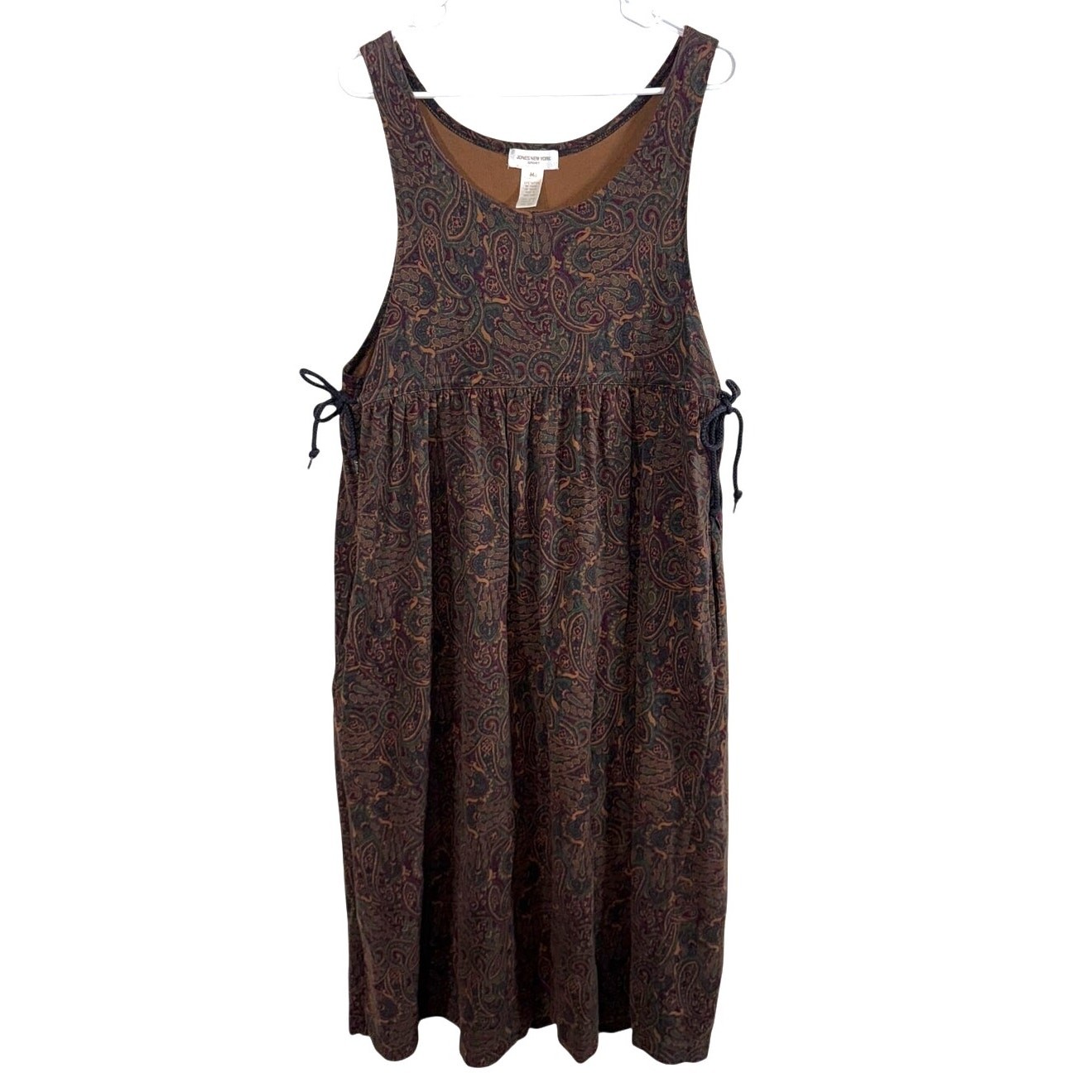 Vintage 90s Brown Cotton Paisley Sleeveless Jumper Midi Dress Jones New York