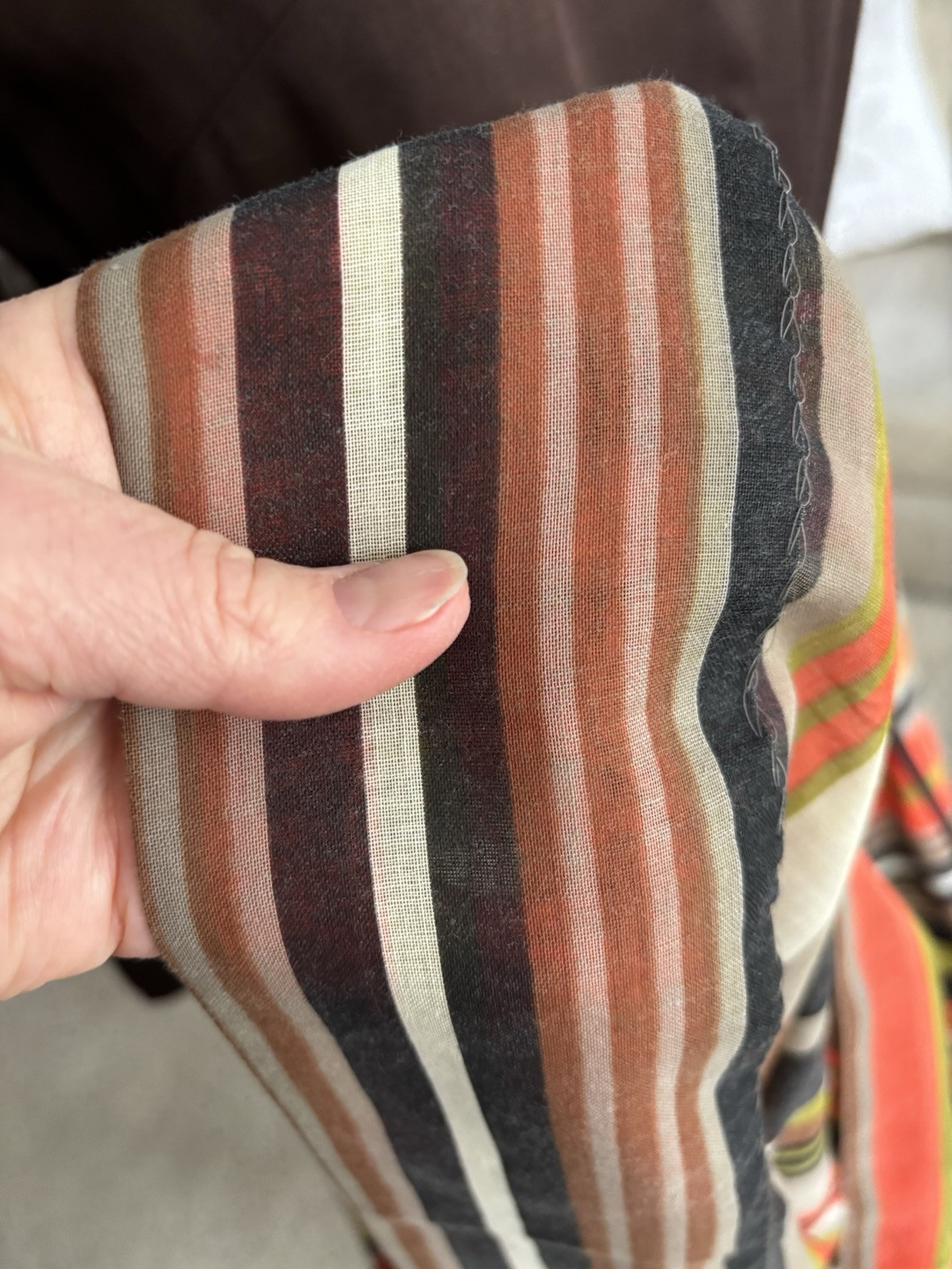 VTG 1970s Maxi Dress Retro Mod Stripe Belt Semi Sheer Brown Orange B34″ W28″ M