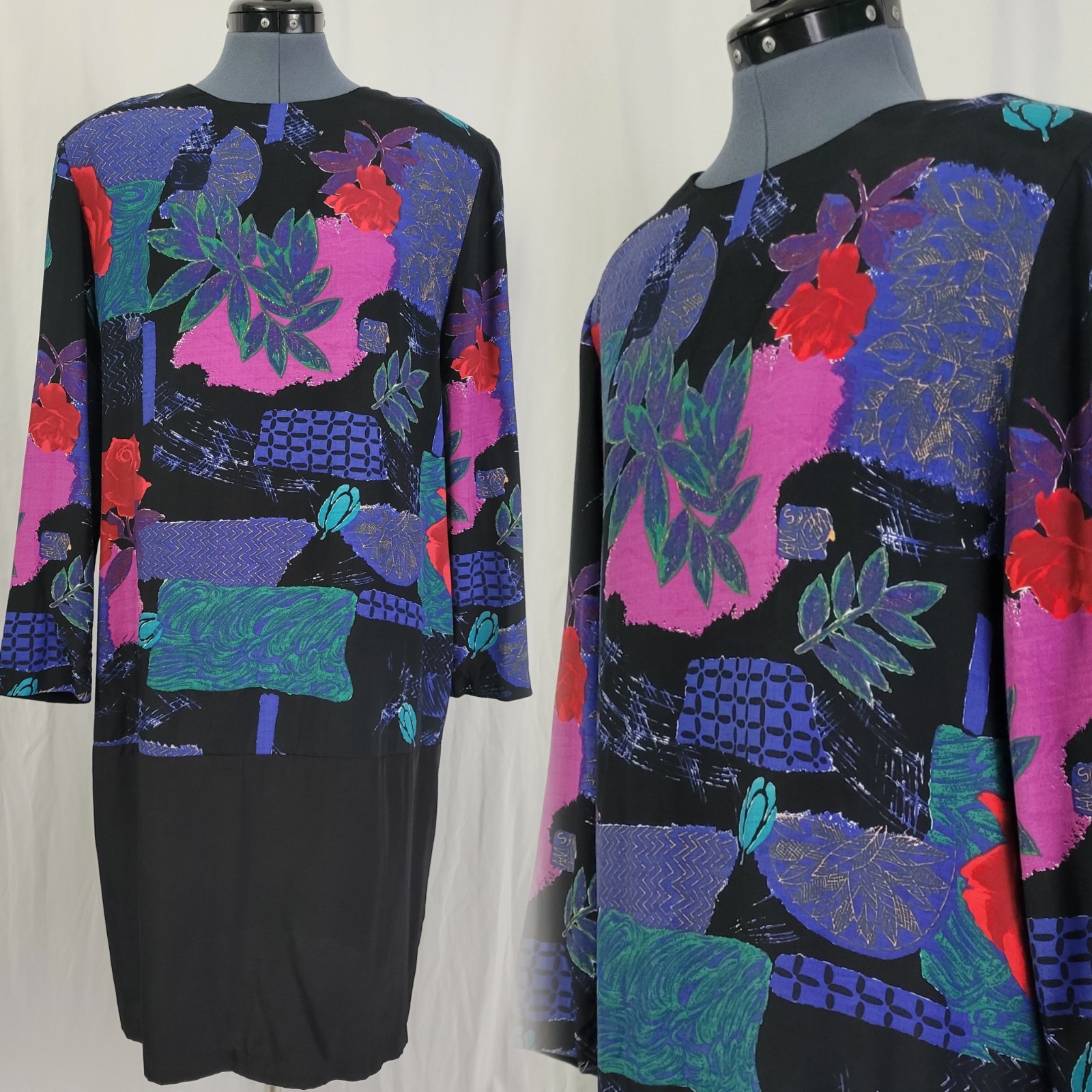 Vintage Just in Thyme Drop Waist Dress w Printed Top & Black Skirt Size 14