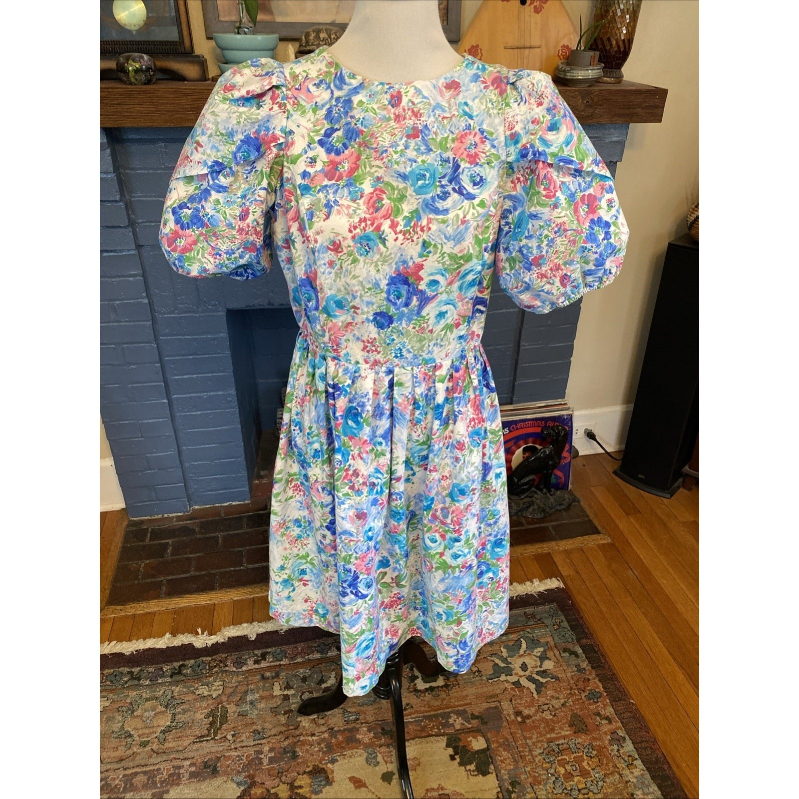 Vintage In Cinq Floral 1980s Tea Dress Puff Sleeve Feminine Midi Cottage 18 L/XL