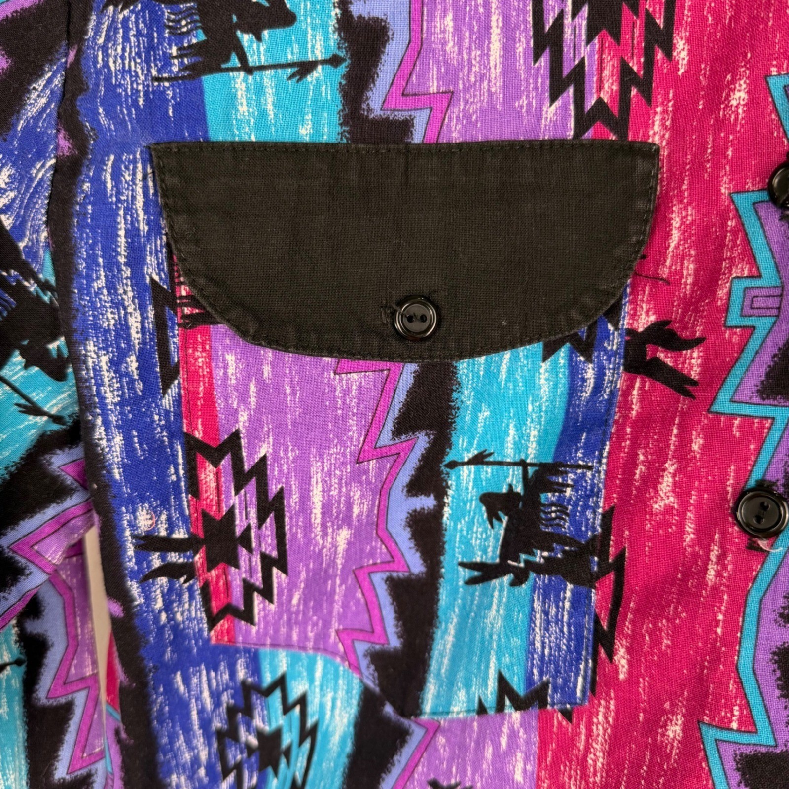 VTG 80s Ozark Mountain Southwestern Tribal Print Button Up Shirt Purple Teal