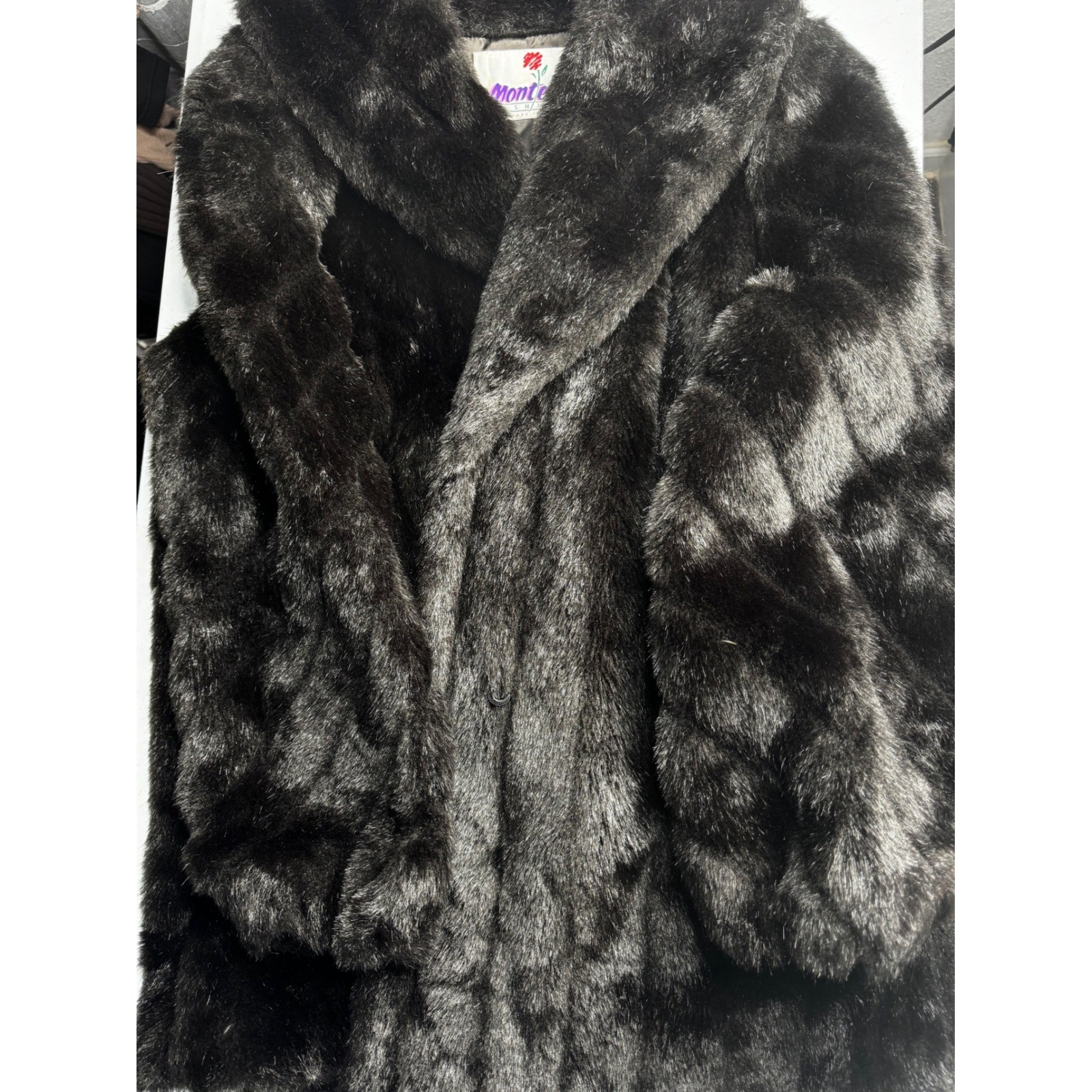 Vintage Monterey Fashions Faux Fur Coat Brown Silver Shawl Collar Size 16 USA