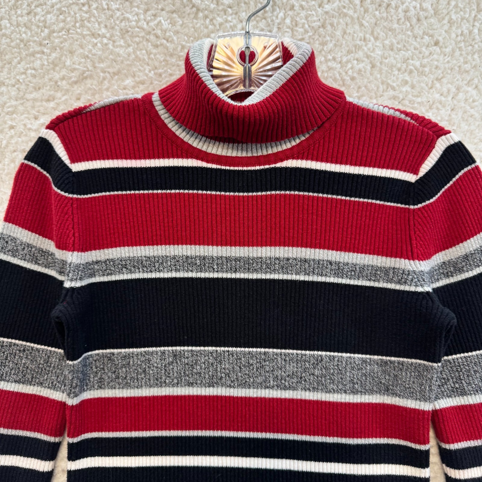 Y2K Vintage Striped Turtleneck Sweater XS Small Red Rib Knit Grunge Long Sleeve