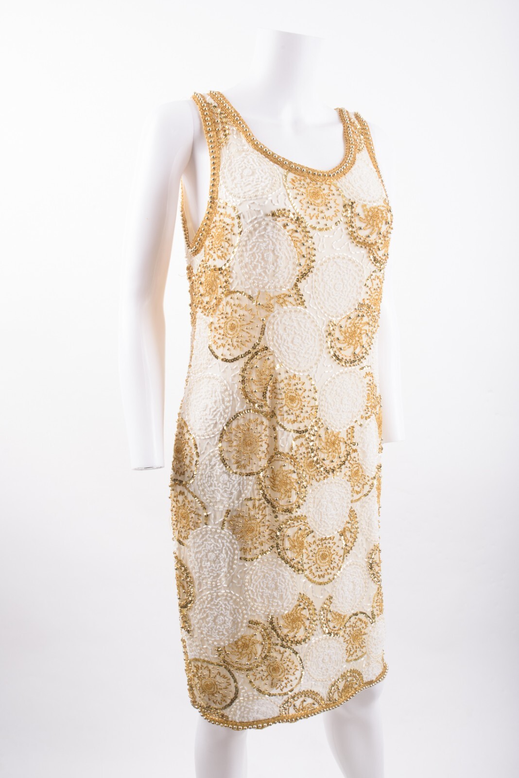Vintage Interlude CA Womans Evening Shift Dress Size M Ivory Gold Beaded Silk