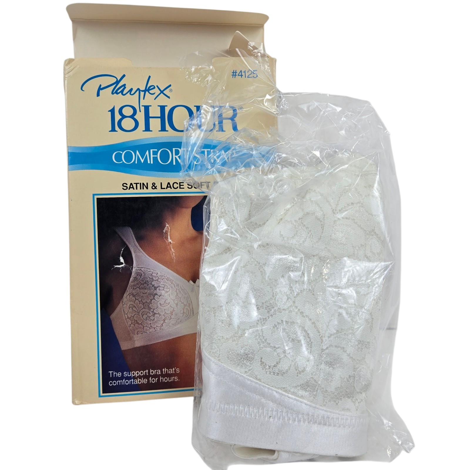 NOS Playtex 18 Hour Bra Satin Lace Soft Comfort Strap Wire Free 42C White #4125