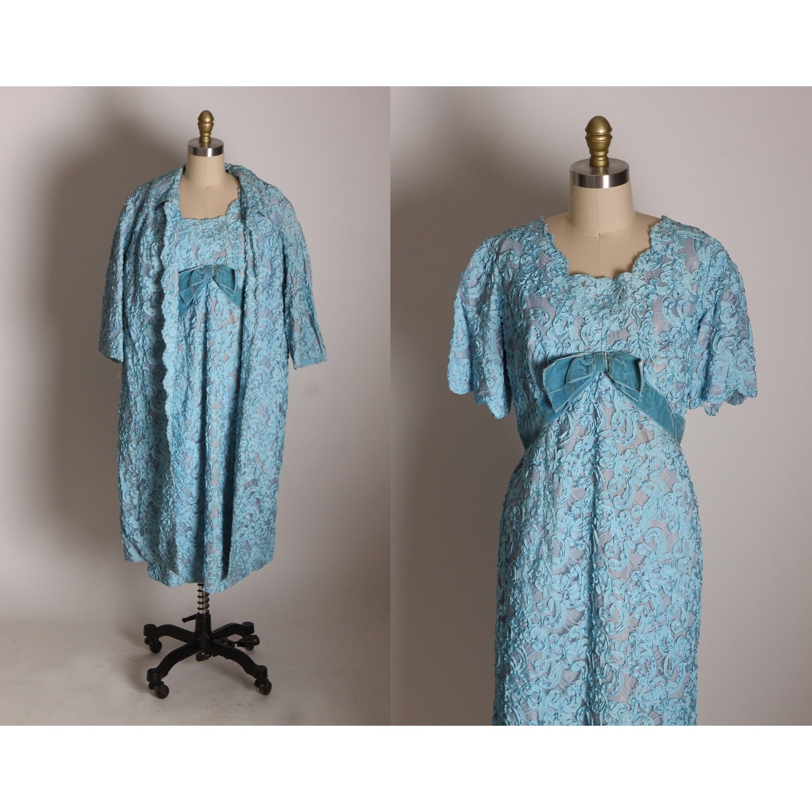 Early 1960s Blue Soutache Lace Formal Blue Velvet Bow Dress with Matching Jacket