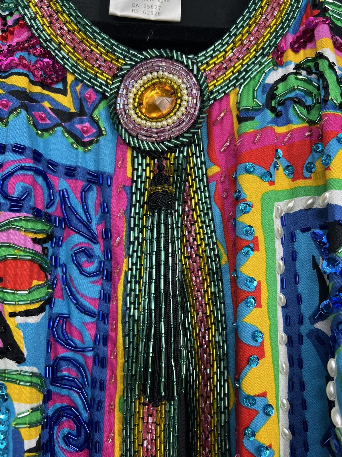 VINTAGE DIANE FREIS BEADED COTTON ABSTRACT PRINT JACKET W BEADS AND SEQUINS