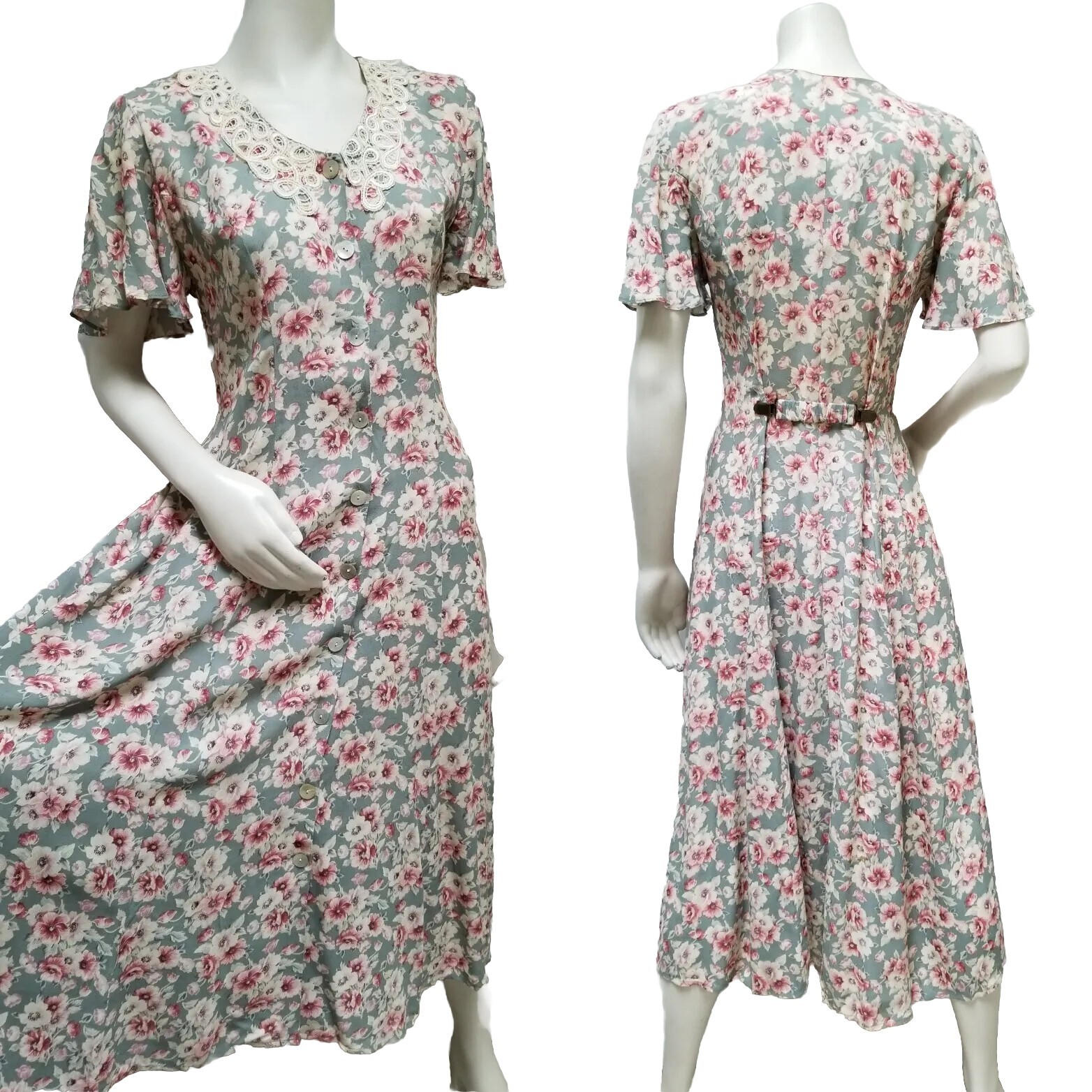 Vintage CDC Seafoam Green Floral Rayon Button Front Cottagecore DRESS – Size S