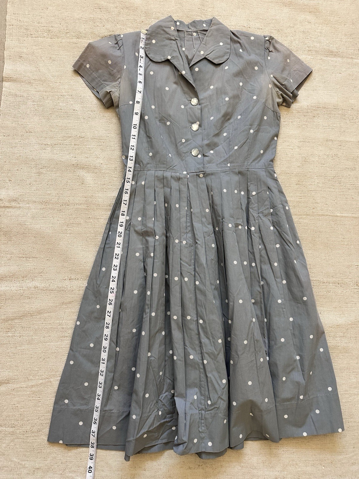 1950s Vintage Handmade French Cotton Farm Chore Dress Polkadot Grey Faded Small