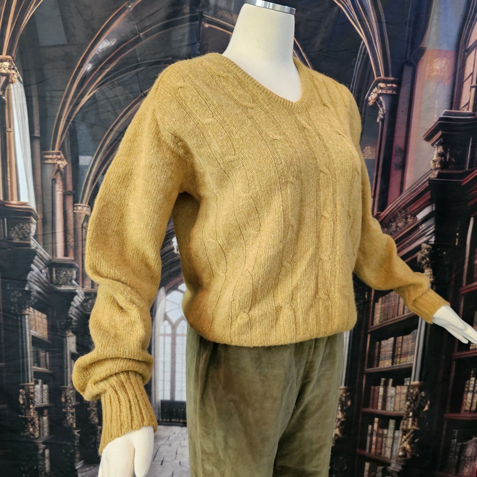 Vintage 1970’s Sweater Mustard Yellow V-Neck Pullover Cable Knit