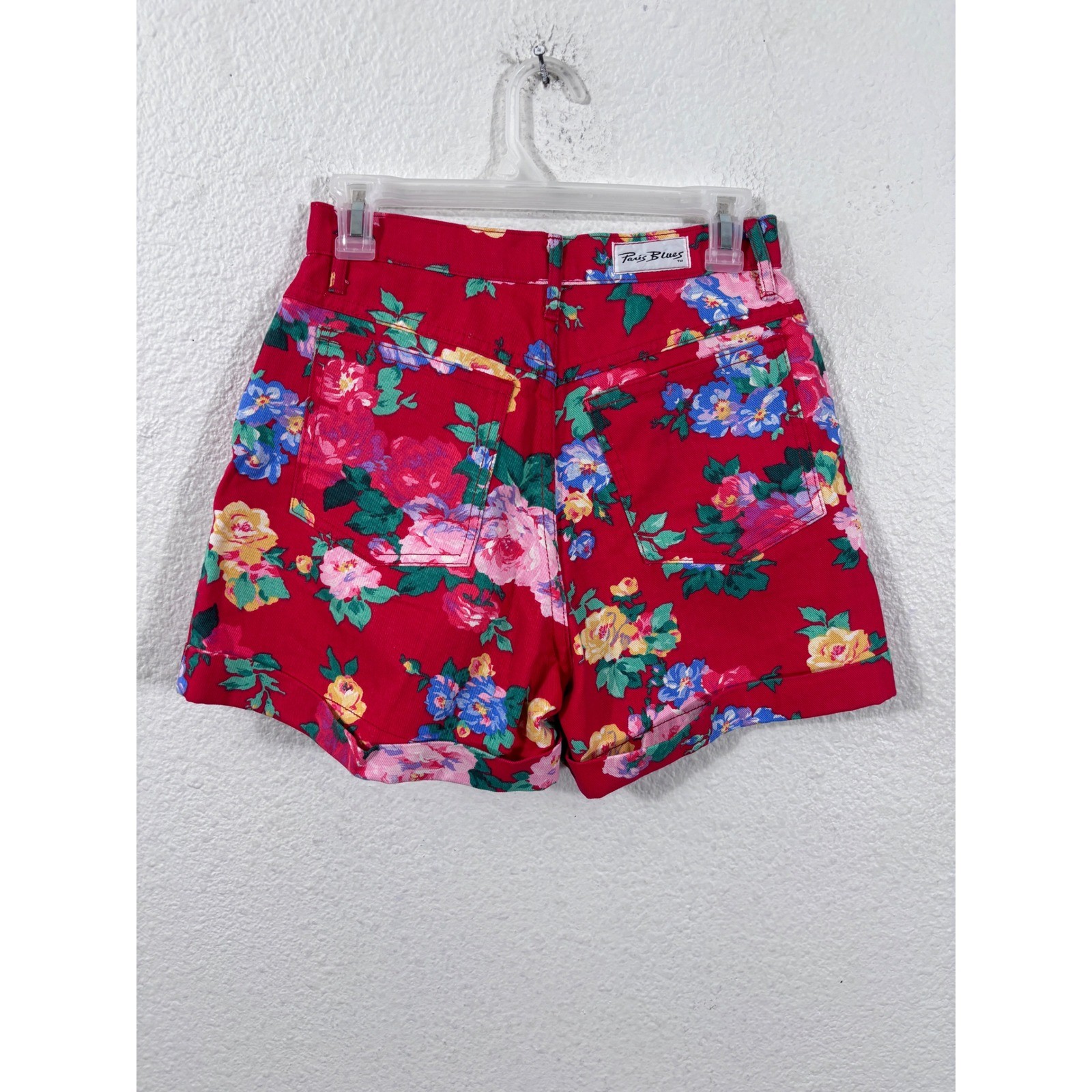 Paris Blues Shorts Women Small Red Vintage Floral High Rise Denim Mini Wide Leg