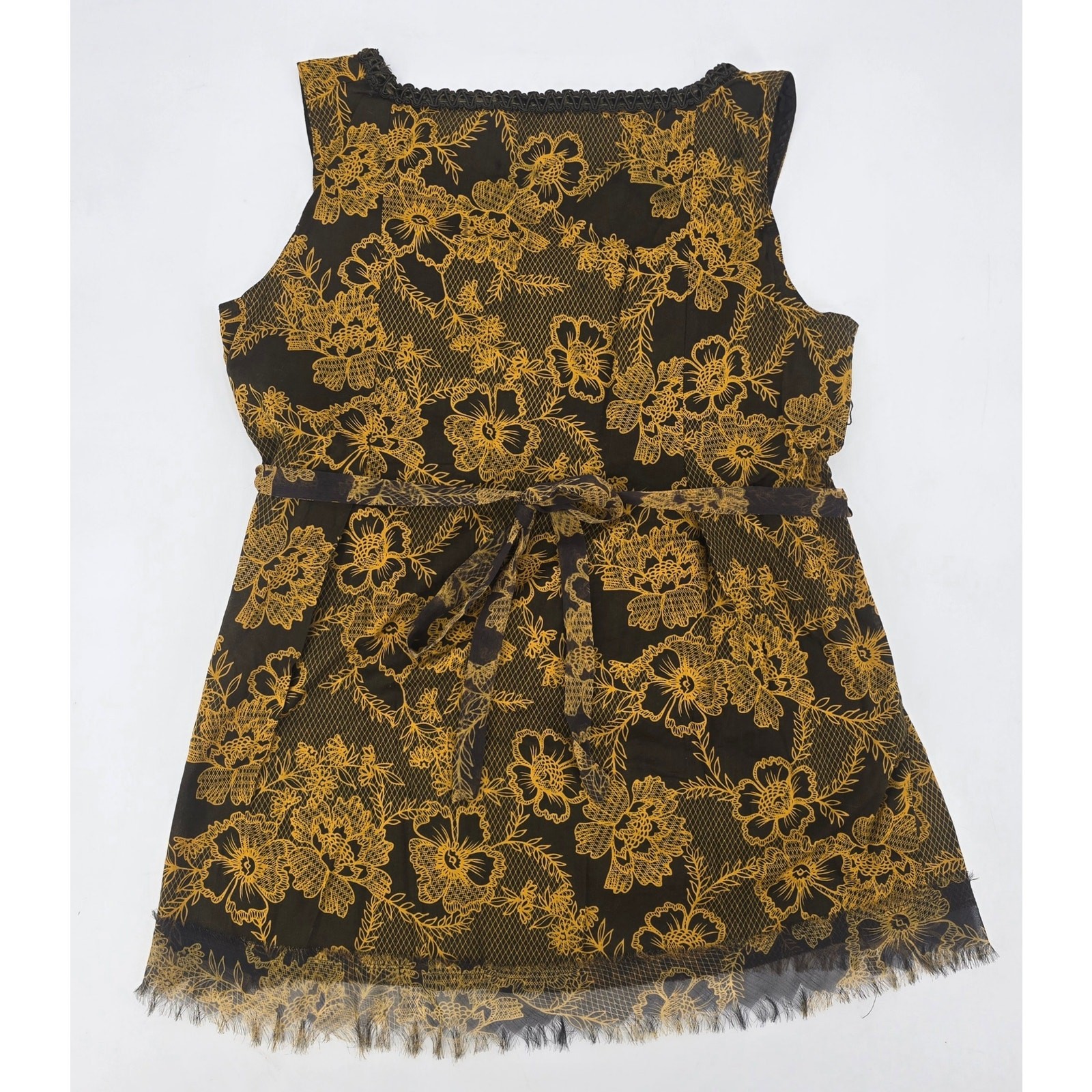 Y2K Cruel Girl Western Boho Floral Lace Print Sleeveless Tunic Top Brown Gold M