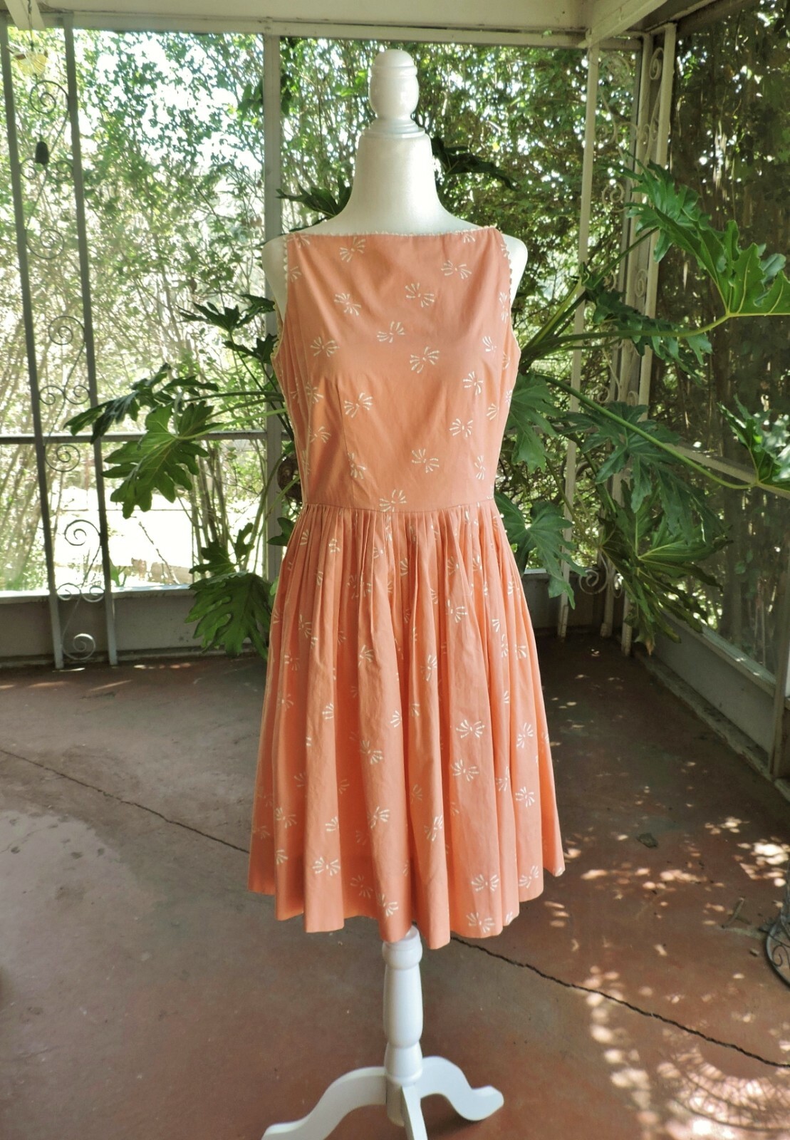 VINTAGE 1950’S PEACH WHITE COTTON DRESS 00 XXS SLEEVELESS STRAPS