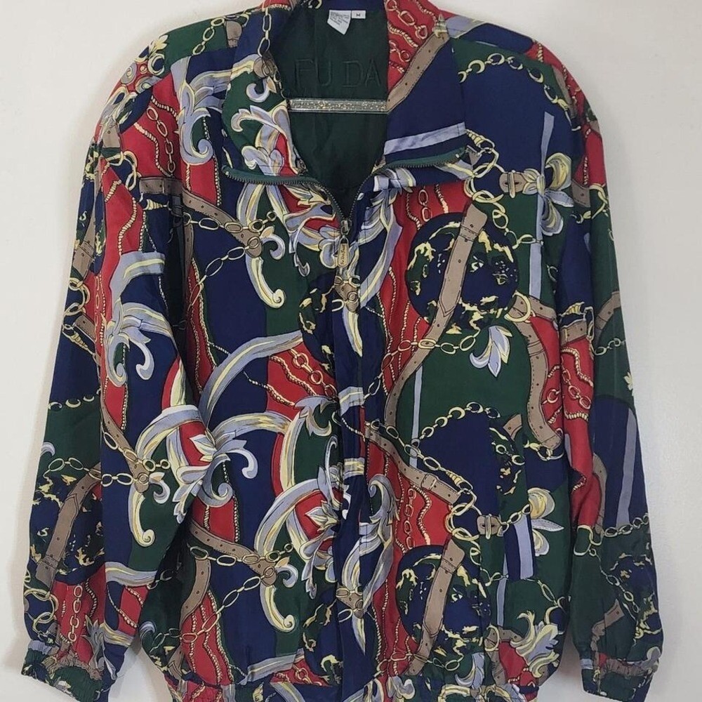 Vintage Fuda 100% Silk Women’s Bomber Jacket Chains Party Boho Lagenlook