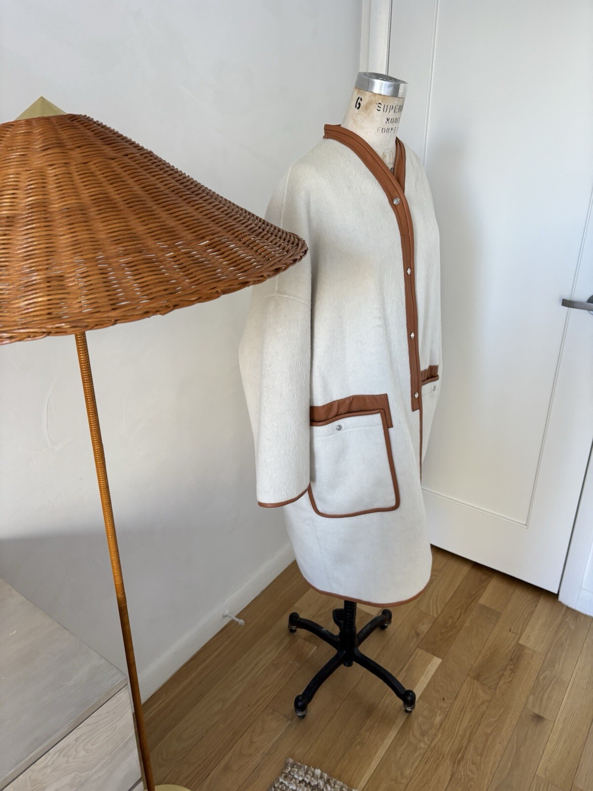 Unique Cream Coat Wool Silk Rabbit Hair With Leather Trip And Removable Scarf