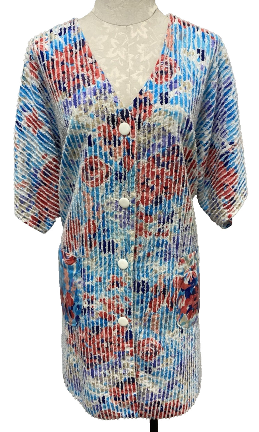 Vintage Herbcraft Womens Chenille Robe Floral Print Ribbed Pinstripe Button Down