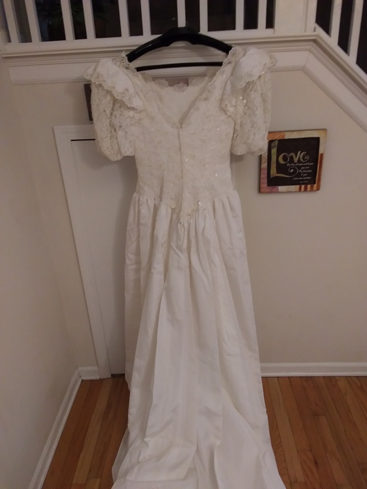 ILGWU Vintage 1970’s Satin Lace Bodice Long Train Princess Style Wedding Dress M