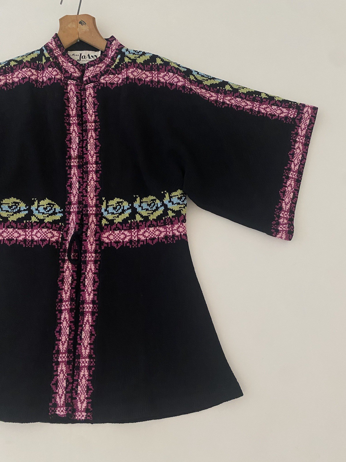 Vintage 70s Miss Joann California Black Kimono Crochet Open Cardigan Multicolor